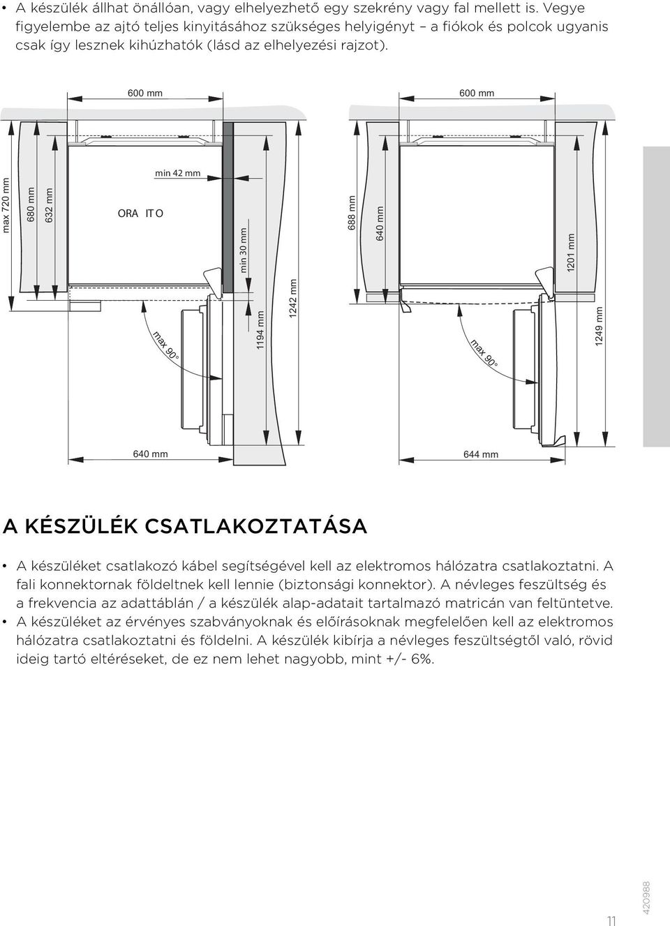 600 mm 600 mm min 42 mm max 720 mm 680 mm 632 mm ORA IT O min 30 mm 688 mm 640 mm 1201 mm 1194 mm 1242 mm 1249 mm max 90 max 90 640 mm 644 mm A KÉSZÜLÉK CSATLAKOZTATÁSA A készüléket csatlakozó kábel