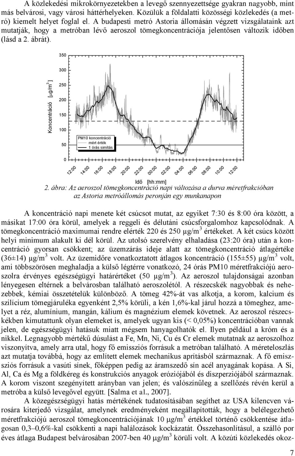 A budapesti metró Astoria állomásán végzett vizsgálataink azt mutatják, hogy a metróban lévő aeroszol tömegkoncentrációja jelentősen változik időben (lásd a 2. ábrát).