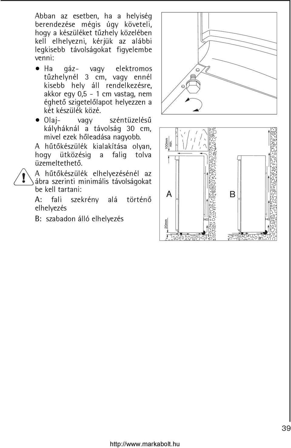 a két készülék közé. Olaj- vagy széntüzelésû kályháknál a távolság 30 cm, mivel ezek hõleadása nagyobb.