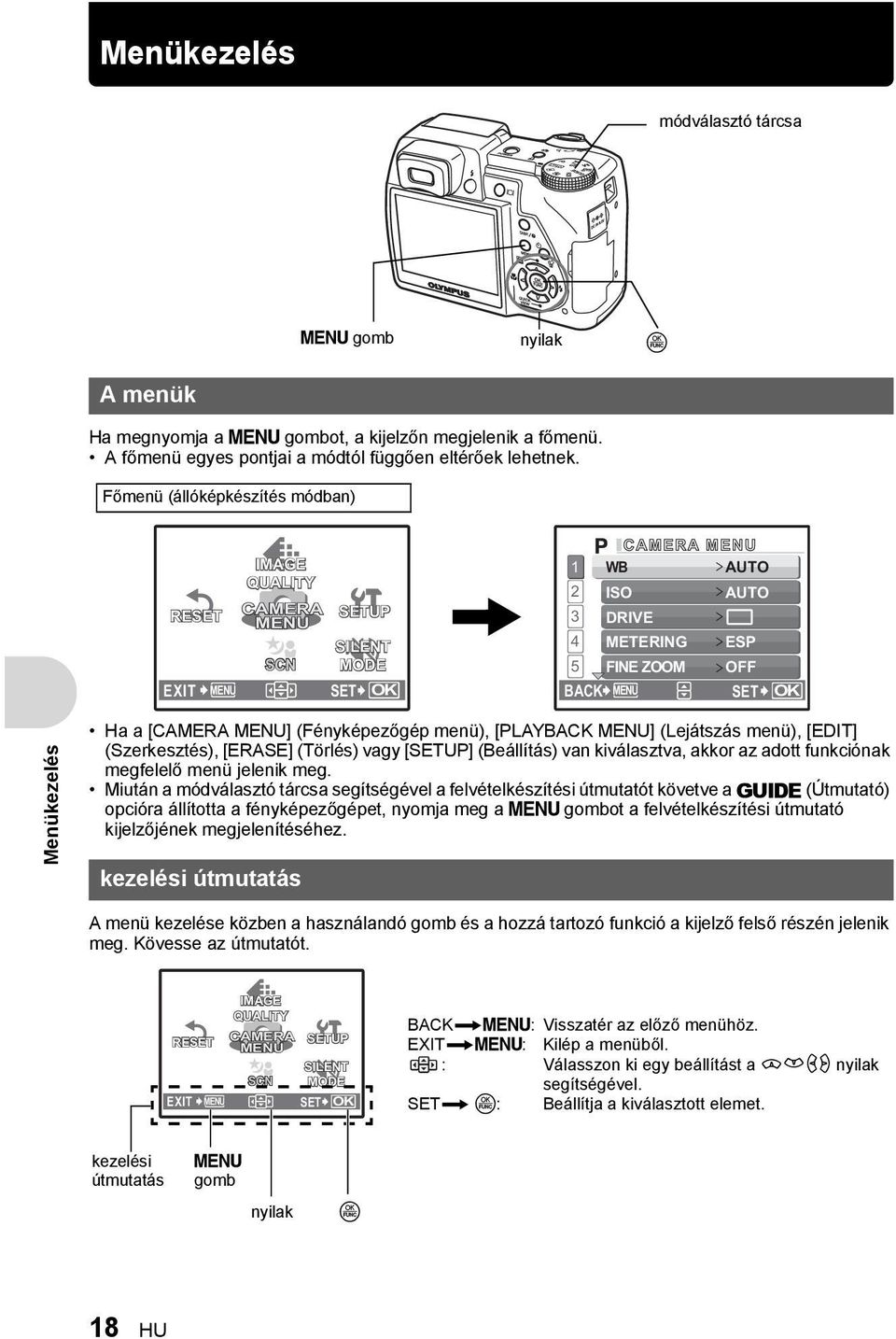 Menükezelés Ha a [CAMERA MENU] (Fényképezőgép menü), [PLAYBACK MENU] (Lejátszás menü), [EDIT] (Szerkesztés), [ERASE] (Törlés) vagy [SETUP] (Beállítás) van kiválasztva, akkor az adott funkciónak