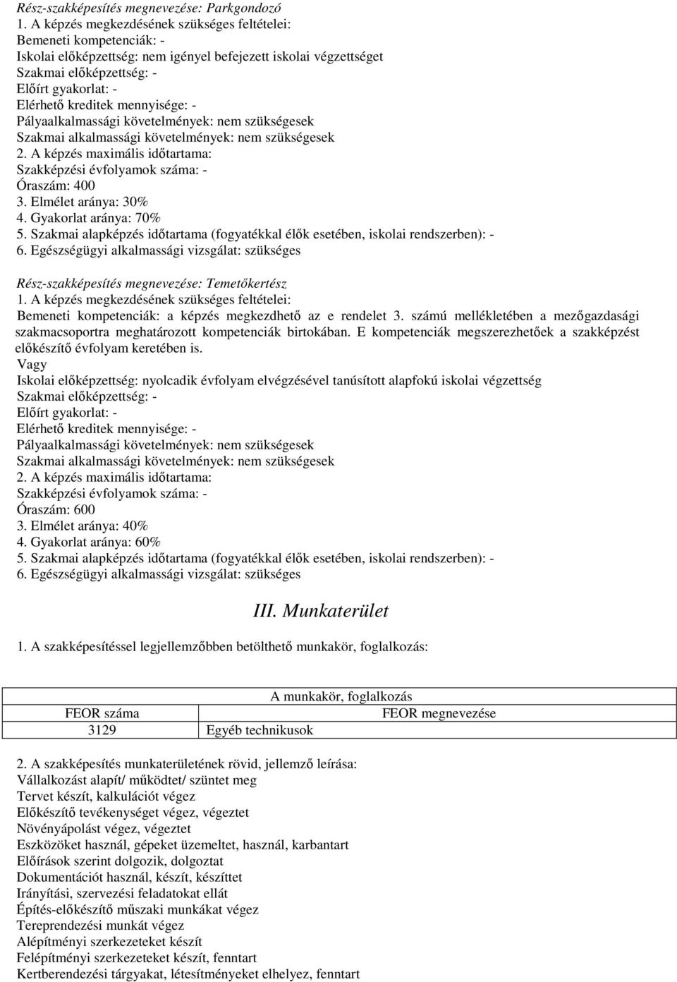 mennyisége: - Pályaalkalmassági követelmények: nem szükségesek Szakmai alkalmassági követelmények: nem szükségesek 2. A képzés maximális időtartama: Szakképzési évfolyamok száma: - Óraszám: 400 3.