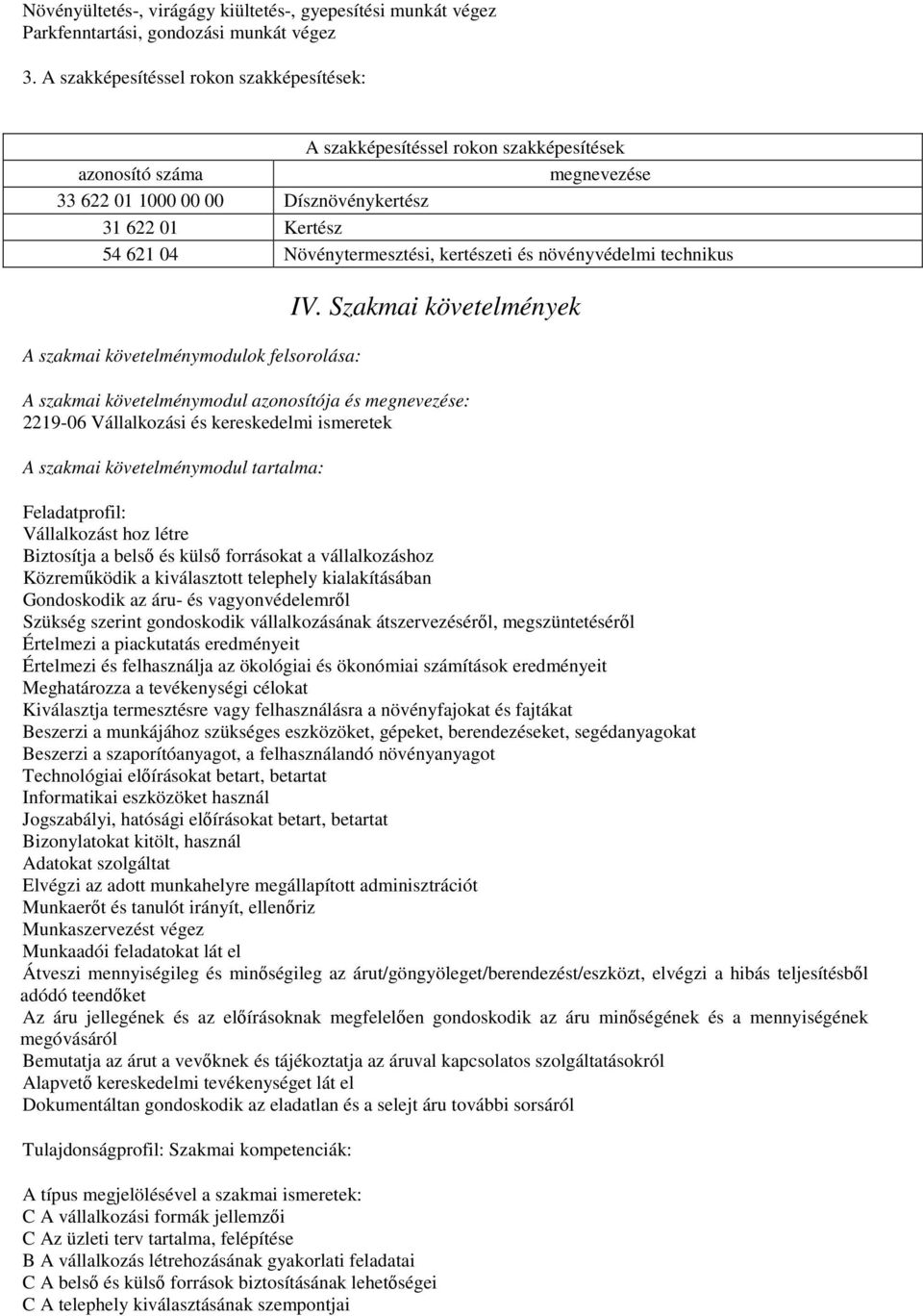 kertészeti és növényvédelmi technikus A szakmai követelménymodulok felsorolása: IV.