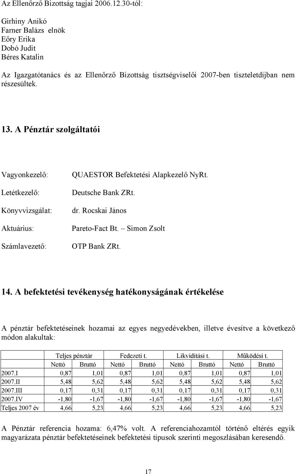 A Pénztár szolgáltatói Vagyonkezelő: Letétkezelő: Könyvvizsgálat: Aktuárius: Számlavezető: QUAESTOR Befektetési Alapkezelő NyRt. Deutsche Bank ZRt. dr. Rocskai János Pareto-Fact Bt.