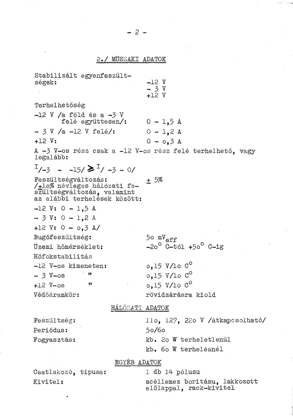 A +12 V1 O - o,3 A/ Bugófeszültség: üzemi hőmérséklet: Hőfokstabili tás -12 V-os kimeneten: - 3 V-os " +12 V~os Védőáramkör: Feszültség: Periódus: Fogyasztás: Csatlakozó, tipusa: Kivitel:,, O - 1,5 A