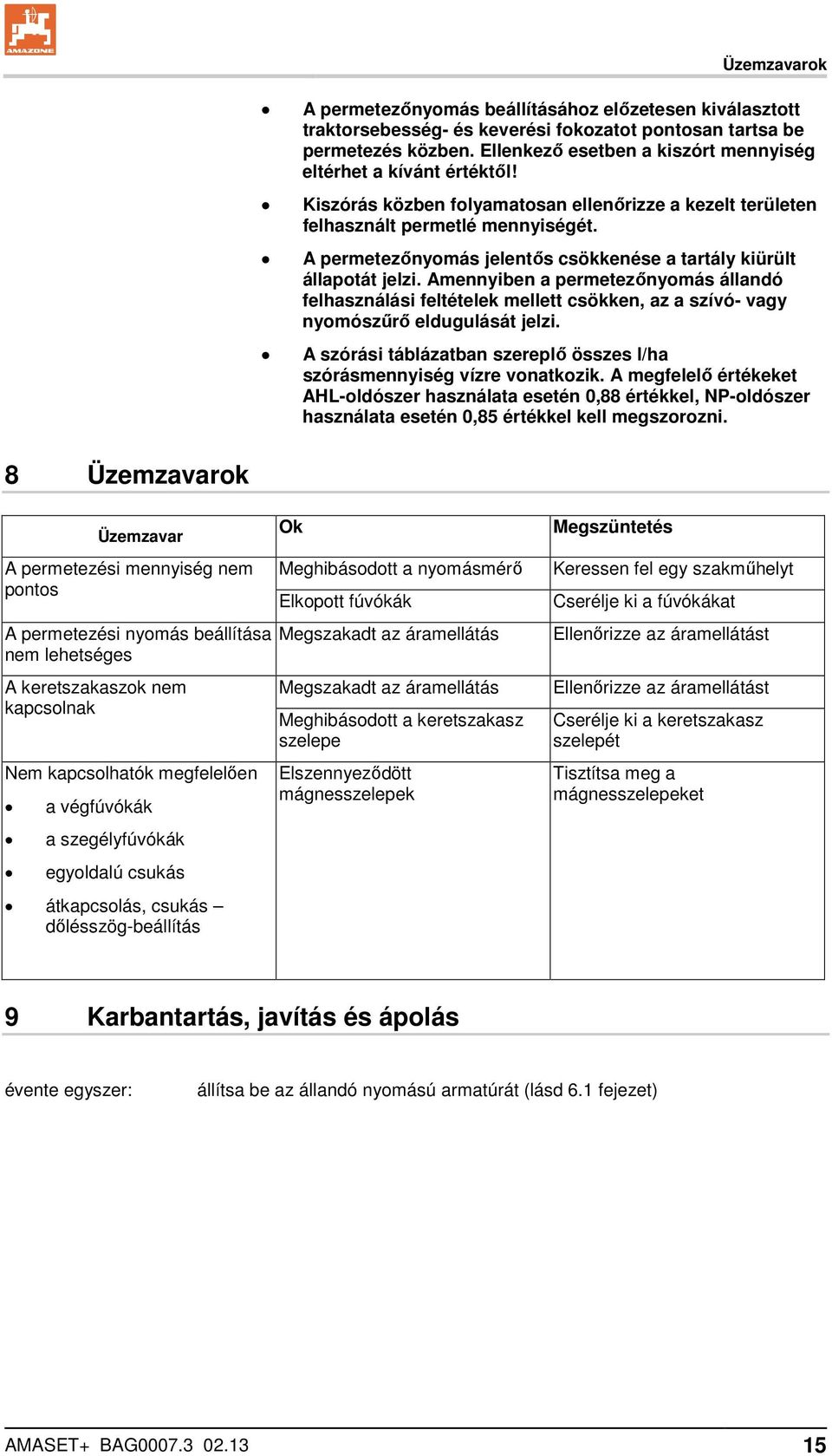 A permetezőnyomás jelentős csökkenése a tartály kiürült állapotát jelzi. Amennyiben a permetezőnyomás állandó felhasználási feltételek mellett csökken, az a szívó- vagy nyomószűrő eldugulását jelzi.