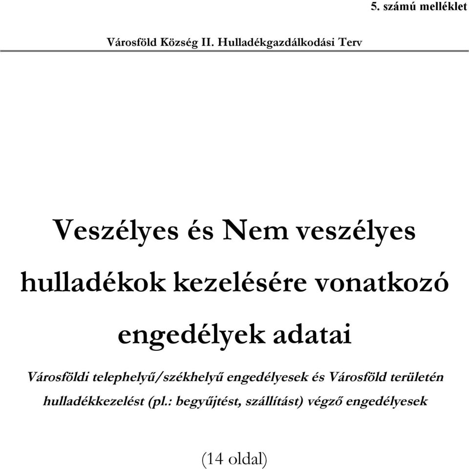 kezelésére vonatkozó engedélyek adatai Városföldi telephelyű/székhelyű