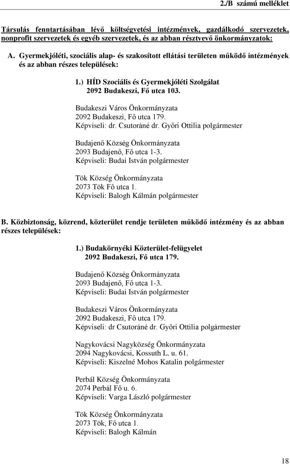 Budakeszi Város Önkormányzata 2092 Budakeszi, Fő utca 179. Képviseli: dr. Csutoráné dr. Győri Ottilia polgármester Budajenő Község Önkormányzata 2093 Budajenő, Fő utca 1-3.