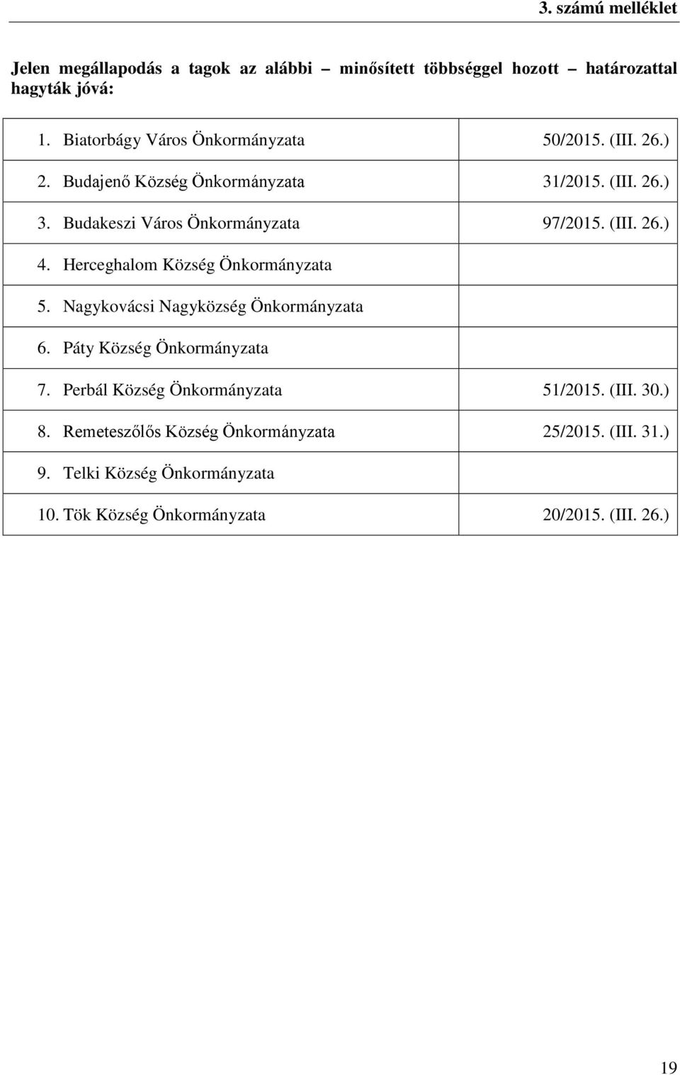 Budakeszi Város Önkormányzata 97/2015. (III. 26.) 4. Herceghalom Község Önkormányzata 5. Nagykovácsi Nagyközség Önkormányzata 6.