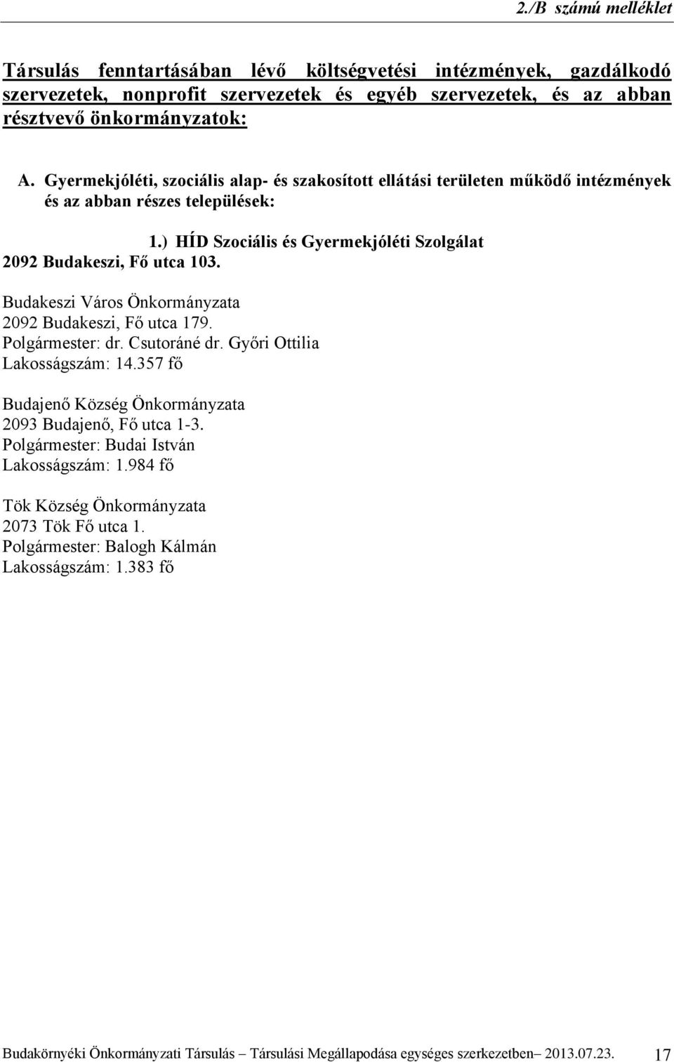 Budakeszi Város Önkormányzata 2092 Budakeszi, Fő utca 179. Polgármester: dr. Csutoráné dr. Győri Ottilia Lakosságszám: 14.357 fő Budajenő Község Önkormányzata 2093 Budajenő, Fő utca 1-3.