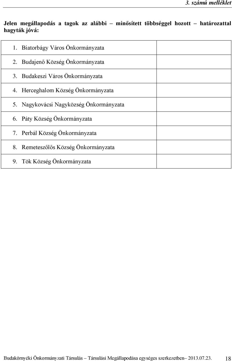 Herceghalom Község Önkormányzata 5. Nagykovácsi Nagyközség Önkormányzata 6. Páty Község Önkormányzata 7.