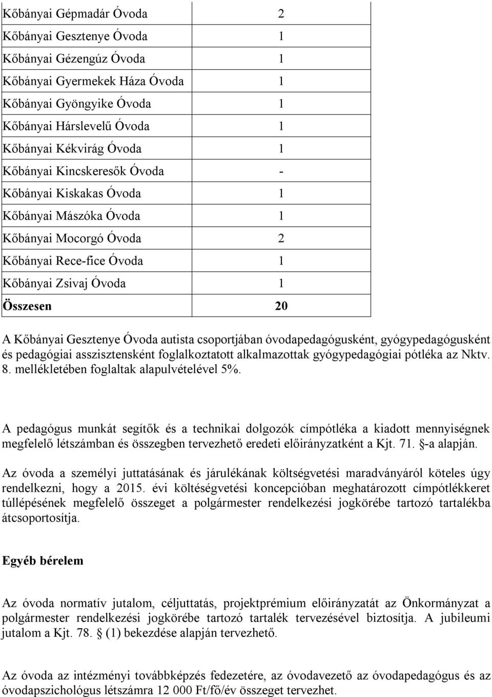 autista csoportjában óvodapedagógusként, gyógypedagógusként és pedagógiai asszisztensként foglalkoztatott alkalmazottak gyógypedagógiai pótléka az Nktv. 8. mellékletében foglaltak alapulvételével 5%.