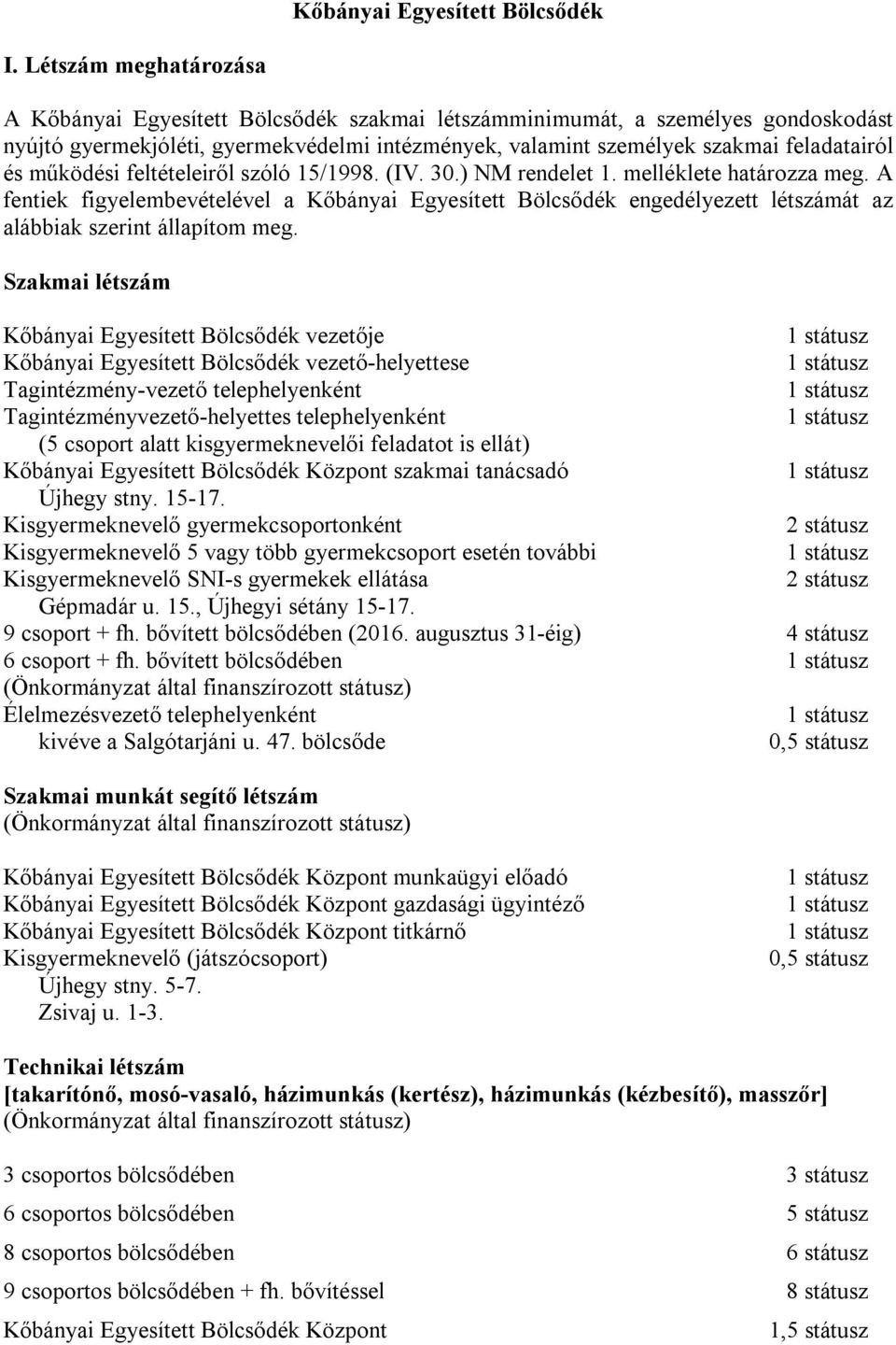 működési feltételeiről szóló 15/1998. (IV. 30.) NM rendelet 1. melléklete határozza meg.