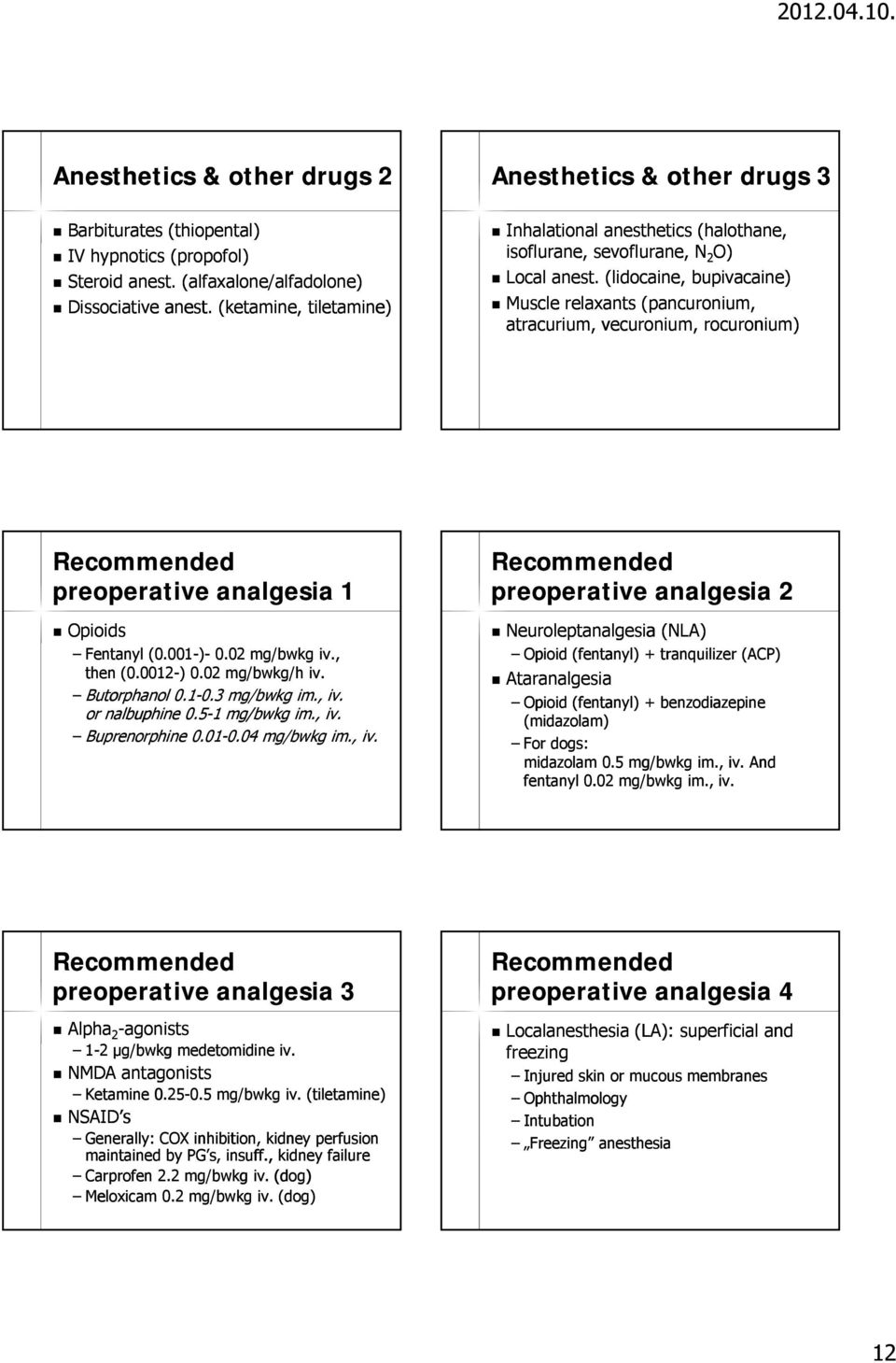 (lidocaine lidocaine, bupivacaine) Muscle relaxants (pancuronium, atracurium, vecuronium, rocuronium) preoperative analgesia 1 Opioids Fentanyl (0.001 001-)- 0.0202 mg/bwkg iv., then (0.0012 0012-) 0.