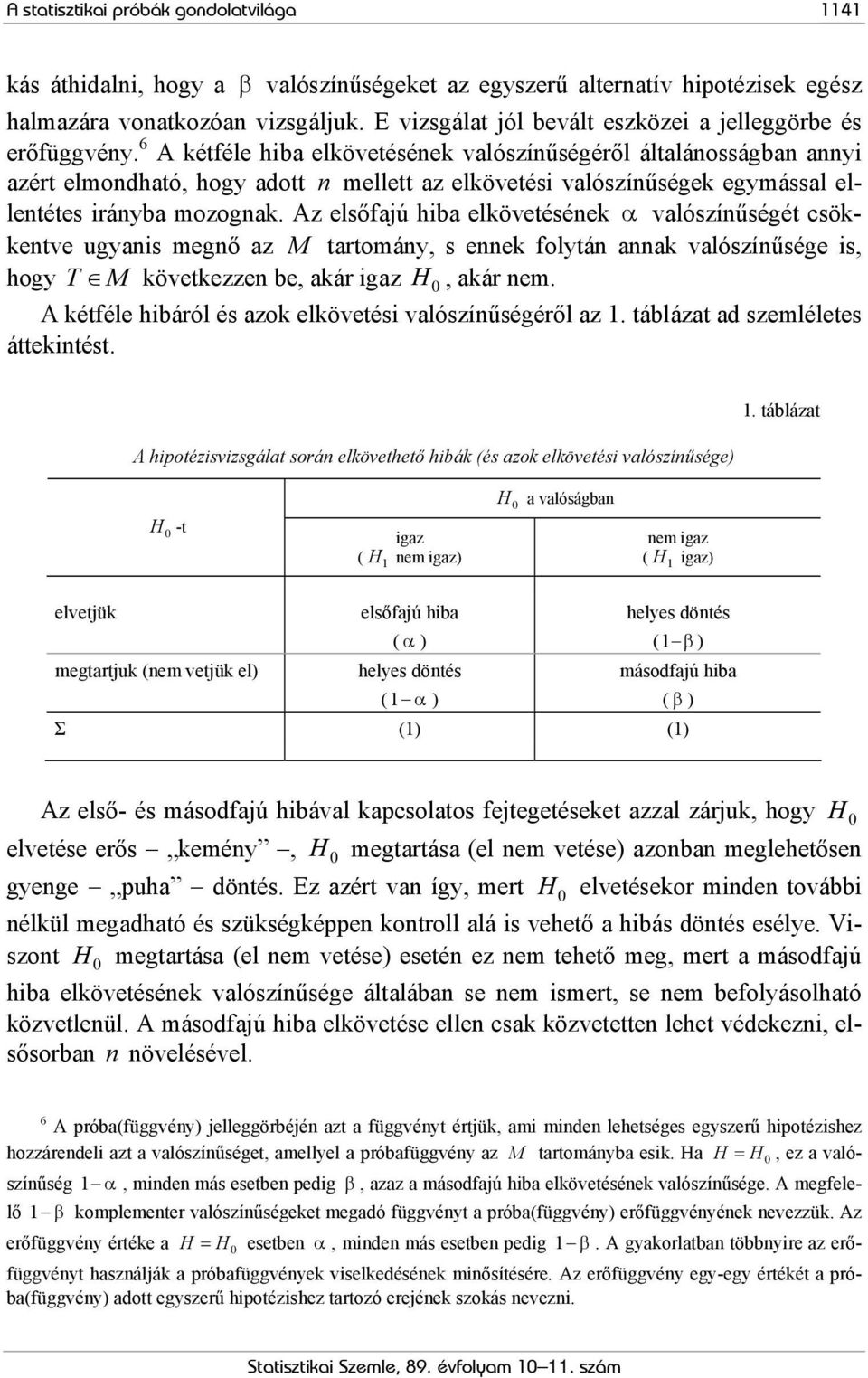 6 A kétféle hiba elkövetésének valószínűségéről általánosságban annyi azért elmondható, hogy adott n mellett az elkövetési valószínűségek egymással ellentétes irányba mozognak.