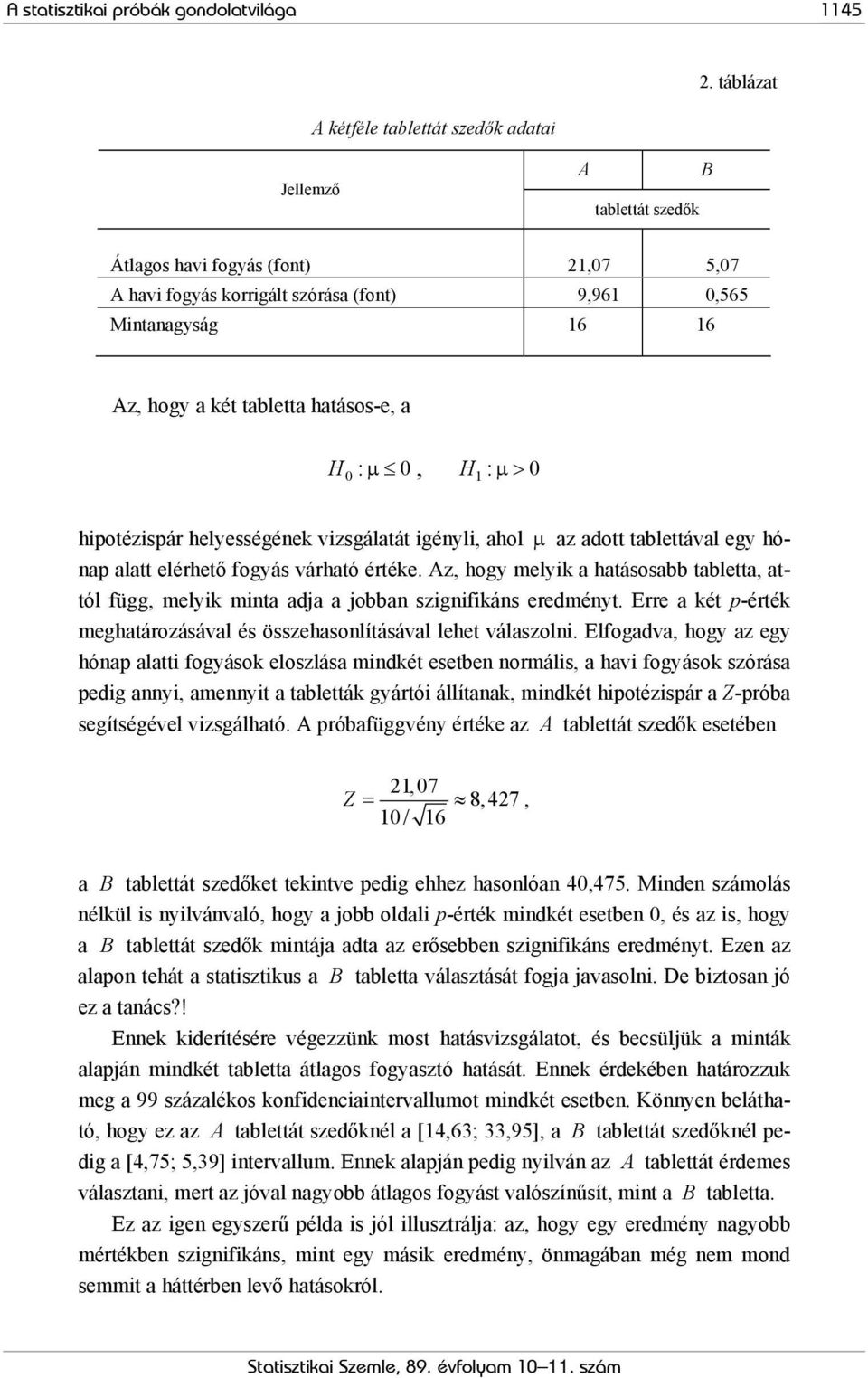 tabletta hatásos-e, a H 0 : μ 0, H 1 : μ > 0 hipotézispár helyességének vizsgálatát igényli, ahol μ az adott tablettával egy hónap alatt elérhető fogyás várható értéke.