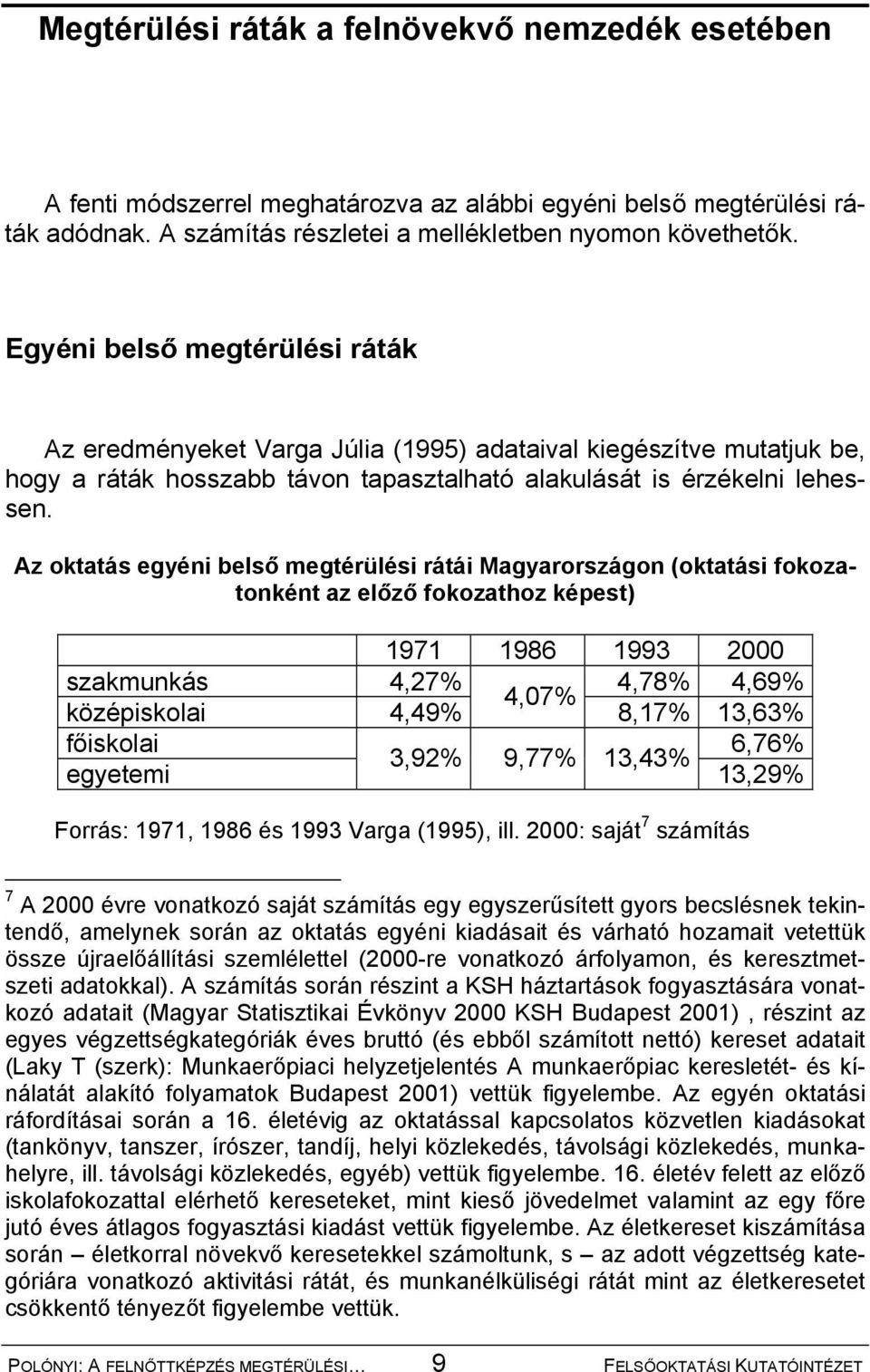 Az oktatás egyéni belső megtérülési rátái Magyarországon (oktatási fokozatonként az előző fokozathoz képest) 1971 1986 1993 2000 szakmunkás 4,27% 4,78% 4,69% középiskolai 4,49% 4,07% 8,17% 13,63%