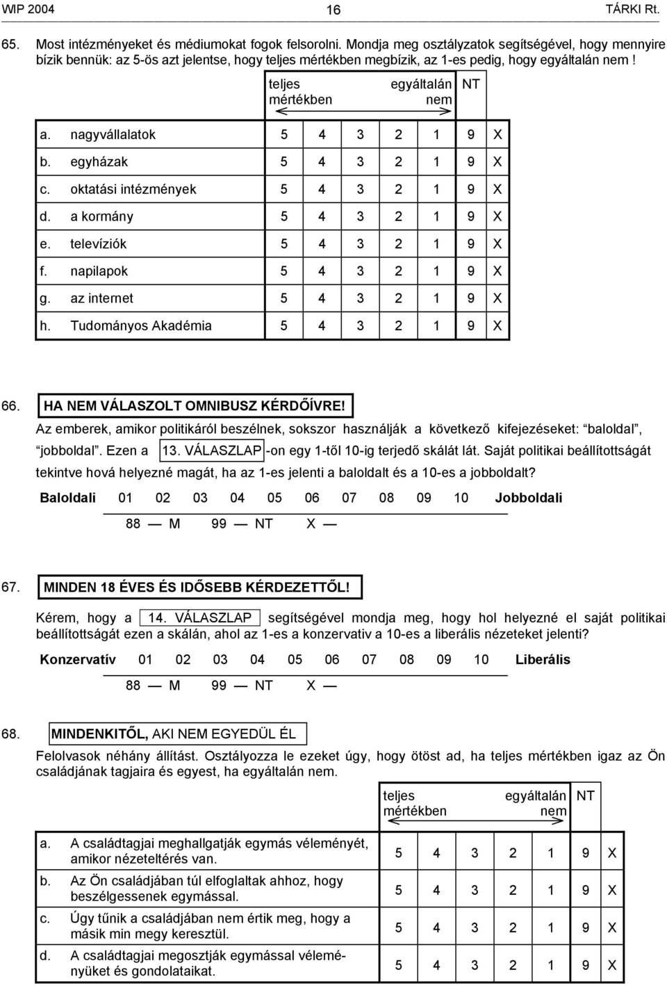 nagyvállalatok b. egyházak c. oktatási intézmények d. a kormány e. televíziók f. napilapok g. az internet h. Tudományos Akadémia NT 66. HA NEM VÁLASZOLT OMNIBUSZ KÉRDŐÍVRE!