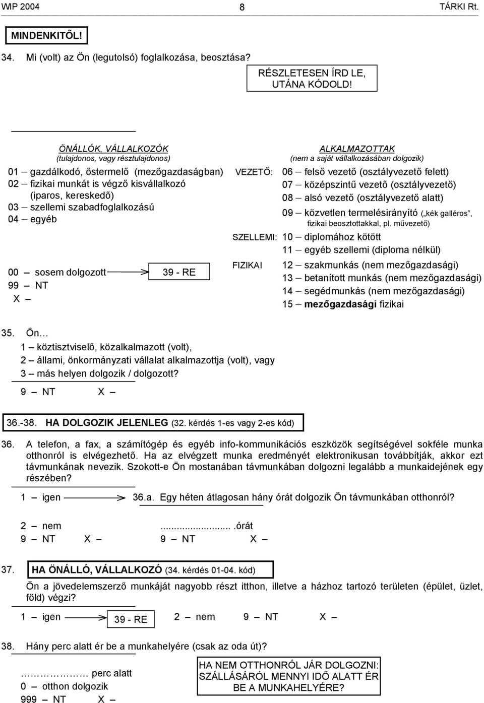 00 sosem dolgozott 99 NT 39 - RE VEZETŐ: ALKALMAZOTTAK (nem a saját vállalkozásában dolgozik) 06 felső vezető (osztályvezető felett) 07 középszintű vezető (osztályvezető) 08 alsó vezető