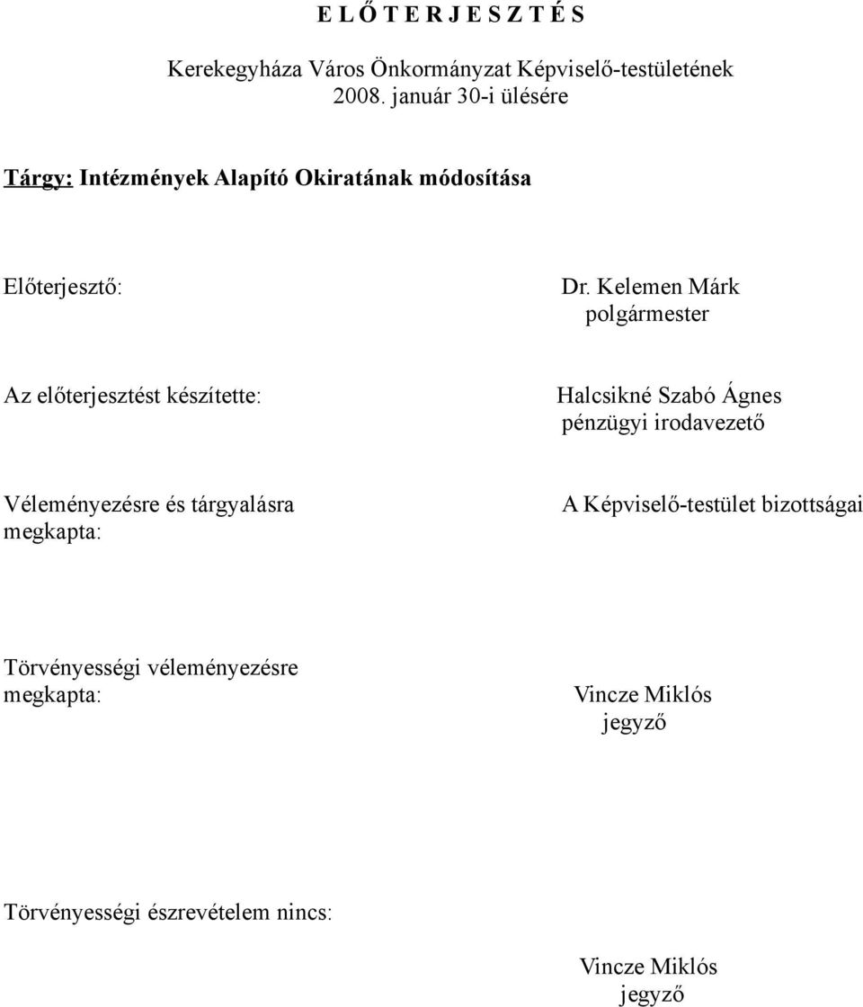 Kelemen Márk polgármester Az előterjesztést készítette: Halcsikné Szabó Ágnes pénzügyi irodavezető Véleményezésre