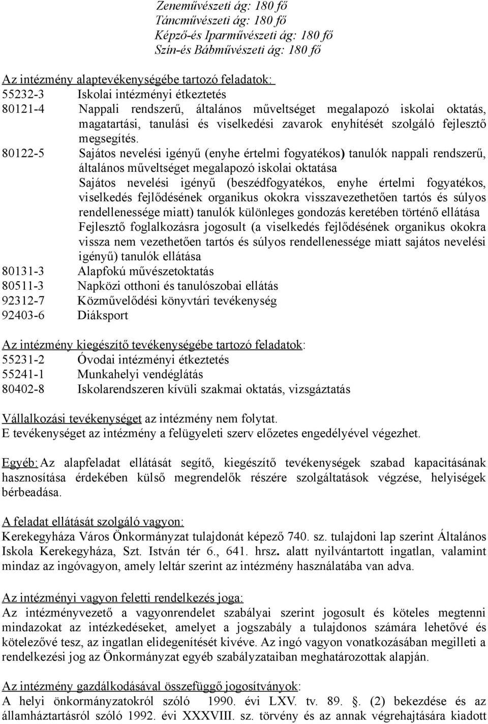 80122-5 Sajátos nevelési igényű (enyhe értelmi fogyatékos) tanulók nappali rendszerű, általános műveltséget megalapozó iskolai oktatása Sajátos nevelési igényű (beszédfogyatékos, enyhe értelmi