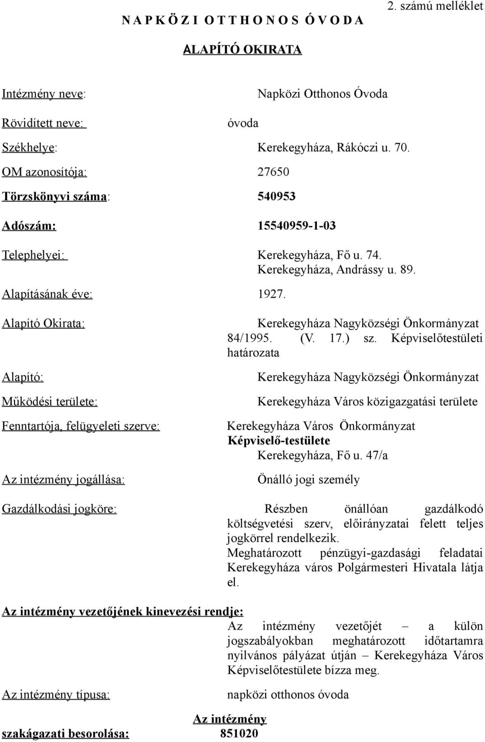 Alapító Okirata: Alapító: Működési területe: Kerekegyháza Nagyközségi Önkormányzat 84/1995. (V. 17.) sz.