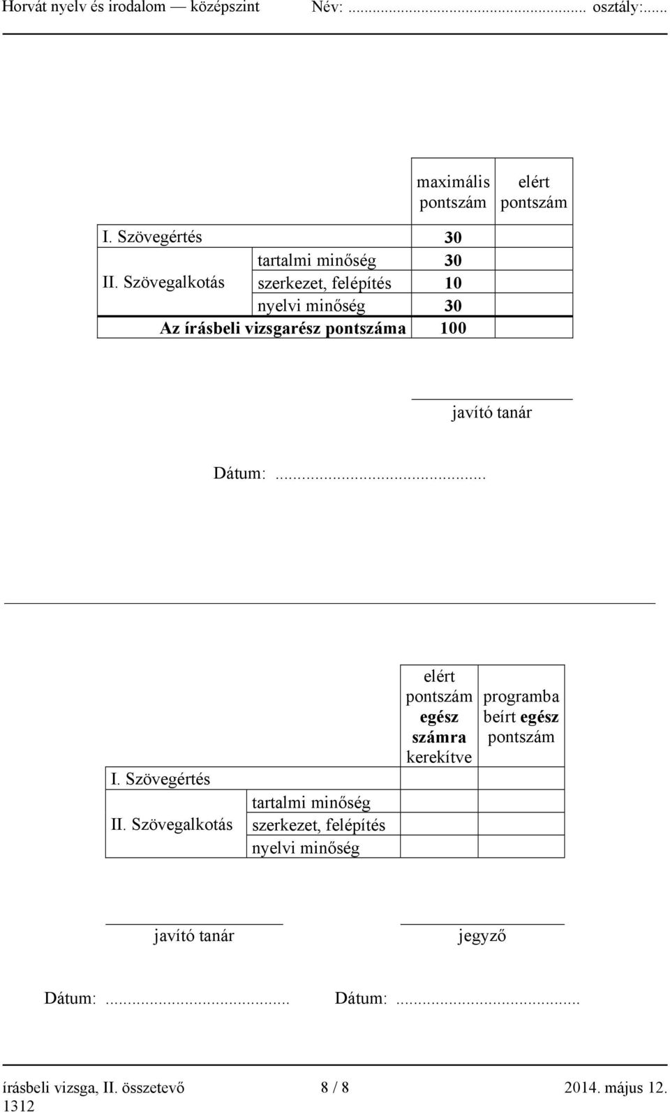 Dátum:... I. Szövegértés II.