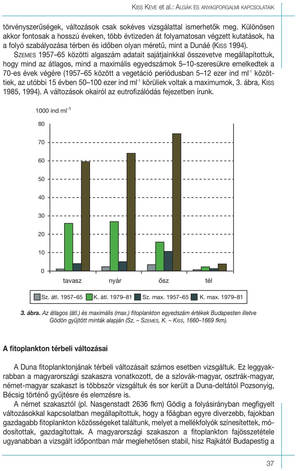 SZEMES 1957 65 közötti algaszám adatait sajátjainkkal összevetve megállapítottuk, hogy mind az átlagos, mind a maximális egyedszámok 5 10-szeresükre emelkedtek a 70-es évek végére (1957 65 között a