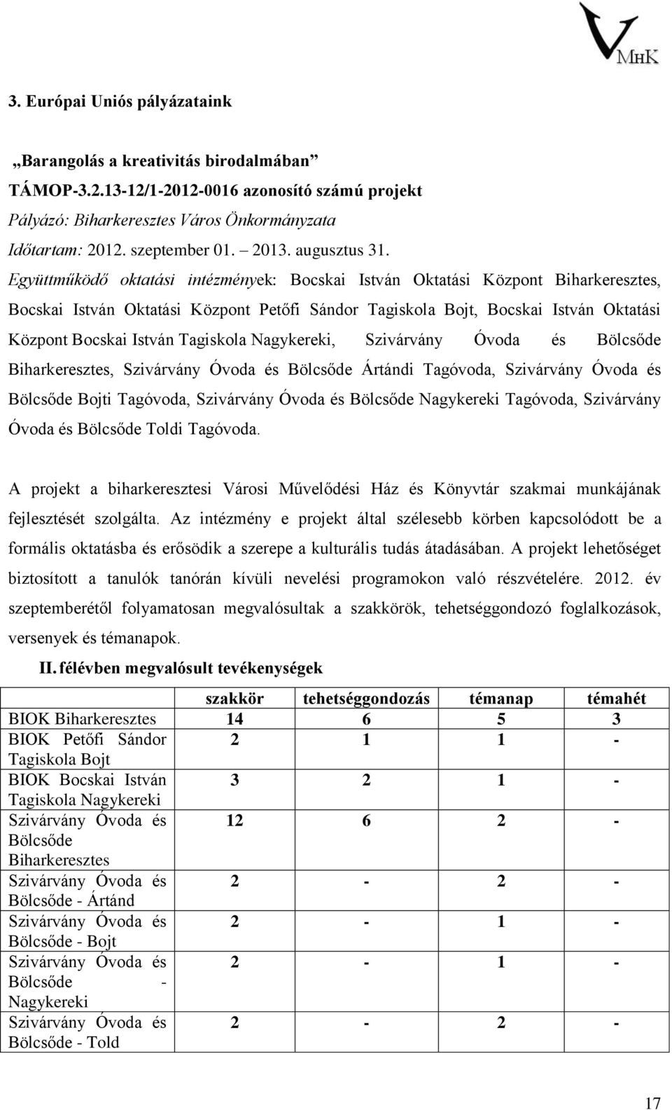 Együttműködő oktatási intézmények: Bocskai István Oktatási Központ Biharkeresztes, Bocskai István Oktatási Központ Petőfi Sándor Tagiskola Bojt, Bocskai István Oktatási Központ Bocskai István