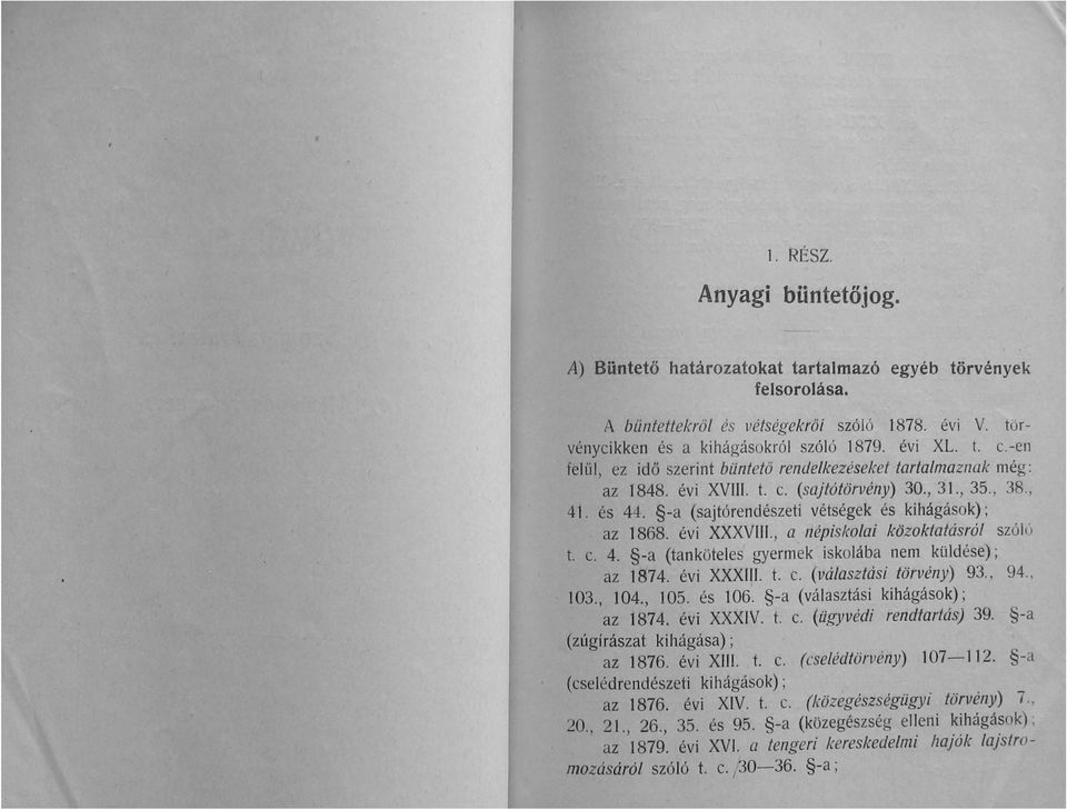 évi XXXVIII., a népiskolai közoktatásról szól I') t. c. 4. -a (tanköteles gyermek iskolába nem küldése); az 1874. évi XXXIII. t. c. (választási törvény) 93., 94., 103., 104., 105. és 106.