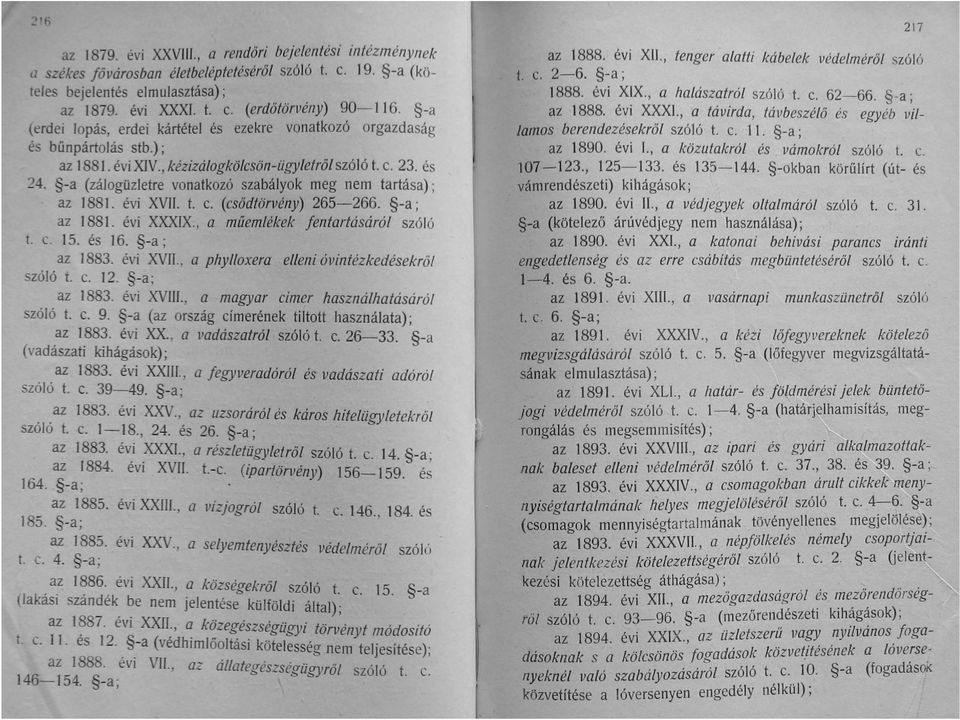 -a (zájogüzletre vonatkozó szabályok meg nem tartása) ; az J 881. évi XVII. t. c. (csödtörvény) 265-266. -a; az 1881. évi XXXlX., a műemlékek jen tartásáró l szóló t. c 15. és 16. -a; az 1883.