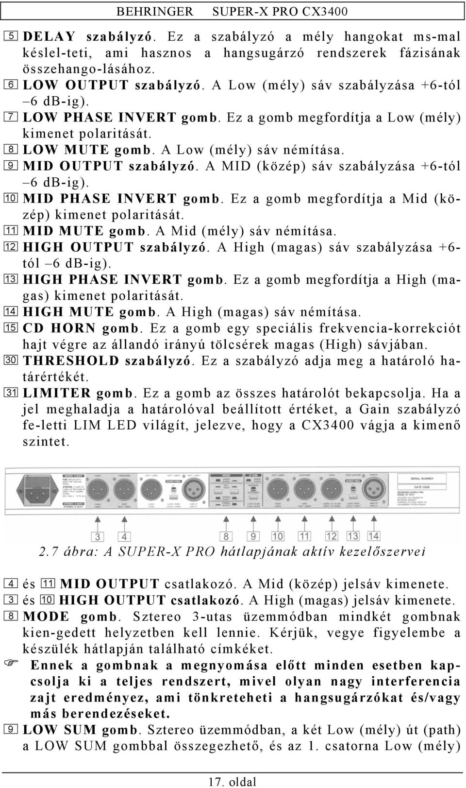 A MID (közép) sáv szabályzása +6-tól 6 db-ig). MID PHASE INVERT gomb. Ez a gomb megfordítja a Mid (közép) kimenet polaritását. MID MUTE gomb. A Mid (mély) sáv némítása. HIGH OUTPUT szabályzó.