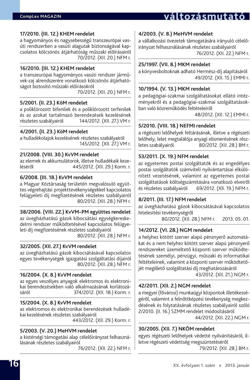 (XII. 20.) NFM r. 5/2001. (II. 23.) KöM rendelet a poliklórozott bifenilek és a poliklórozott terfenilek és az azokat tartalmazó berendezések kezelésének részletes szabályairól 144/2012. (XII. 27.