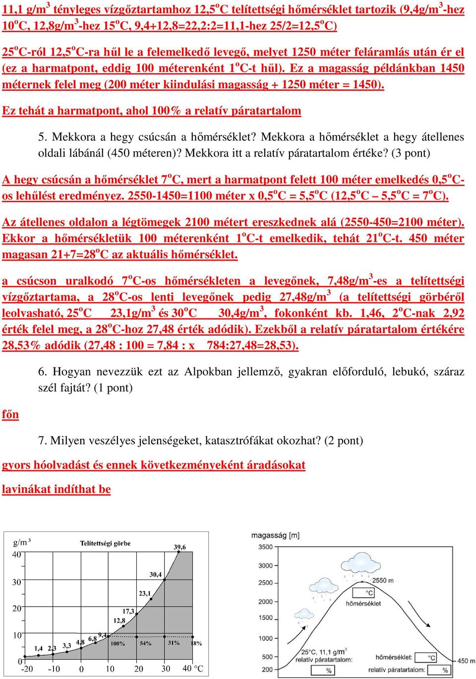 Ez a magasság példánkban 1450 méternek felel meg (200 méter kiindulási magasság + 1250 méter = 1450). Ez tehát a harmatpont, ahol 100% a relatív páratartalom 5. Mekkora a hegy csúcsán a hımérséklet?