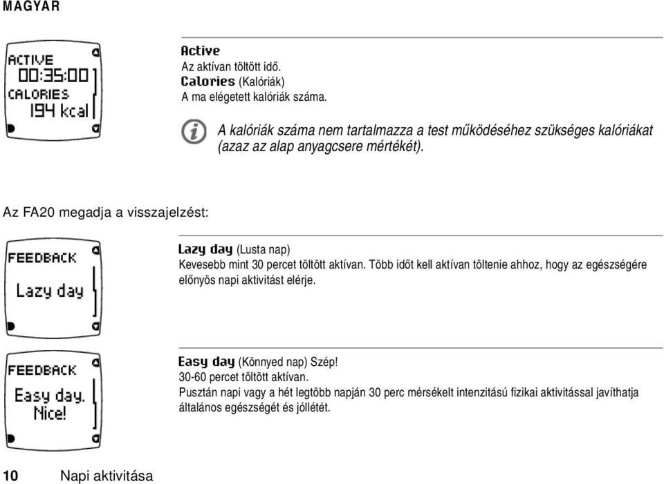 Az FA20 megadja a visszajelzést: Lazy day (Lusta nap) Kevesebb mint 30 percet töltött aktívan.