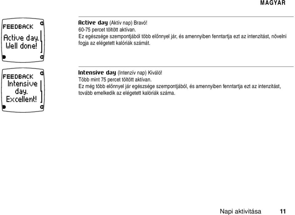 az elégetett kalóriák számát. Intensive day (Intenzív nap) Kiváló! Több mint 75 percet töltött aktívan.