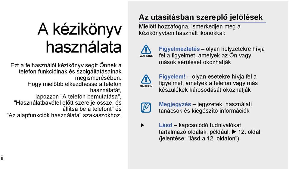 Az utasításban szereplő jelölések Mielőtt hozzáfogna, ismerkedjen meg a kézikönyvben használt ikonokkal: Figyelmeztetés olyan helyzetekre hívja fel a figyelmet, amelyek az Ön vagy mások sérülését