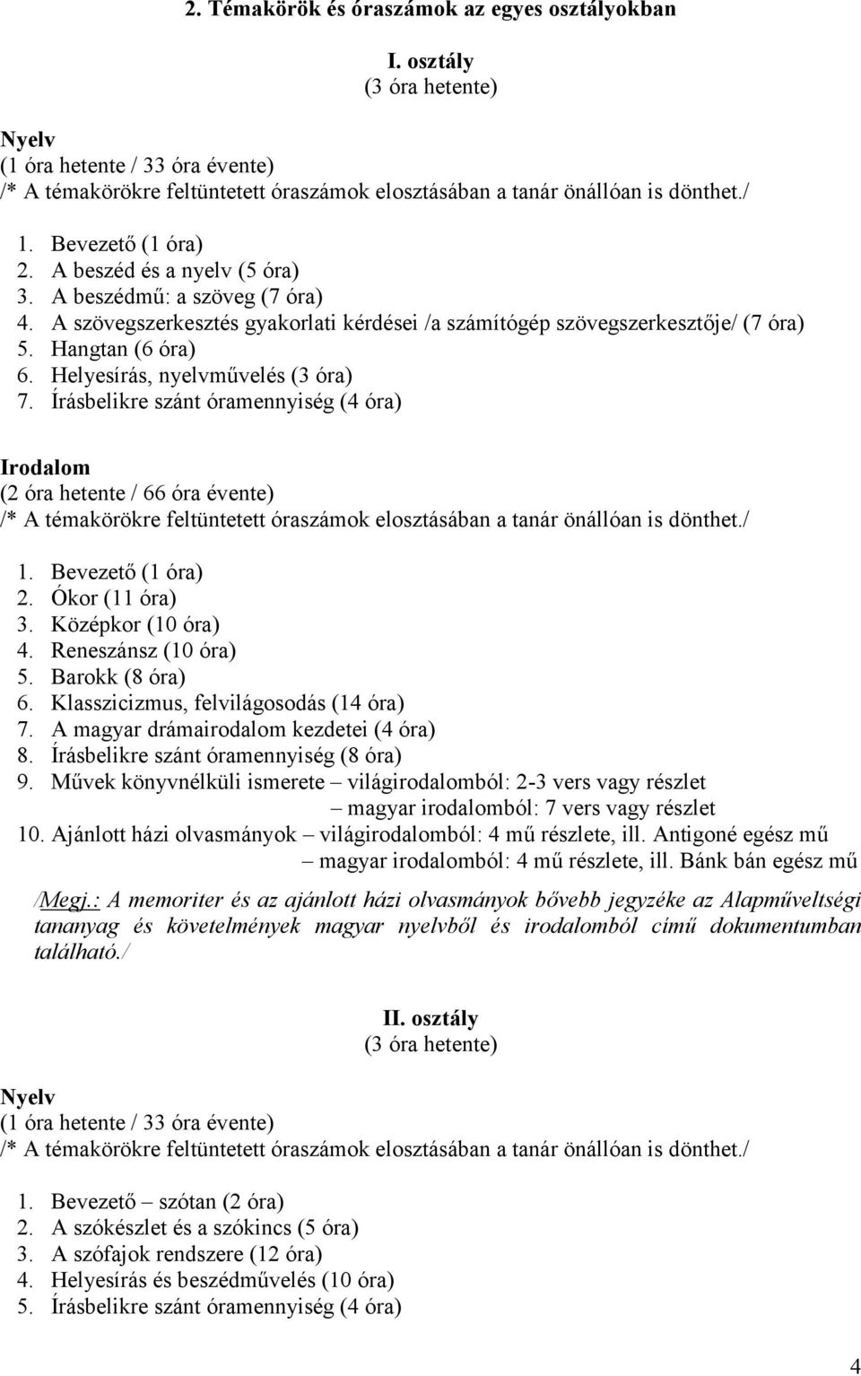 Írásbelikre szánt óramennyiség (4 óra) Irodalom (2 óra hetente / 66 óra évente) 2. Ókor (11 óra) 3. Középkor (10 óra) 4. Reneszánsz (10 óra) 5. Barokk (8 óra) 6.