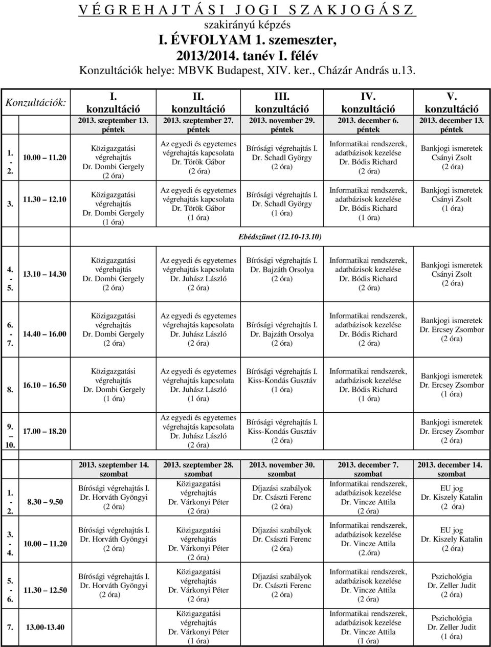péntek 1. 2. 10.00 11.20 Dr. Dombi Gergely Az egyedi és egyetemes kapcsolata Dr. Török Gábor Bírósági I. Dr. Schadl György Dr. Bódis Richard Bankjogi ismeretek Csányi Zsolt 3. 11.30 12.10 Dr.