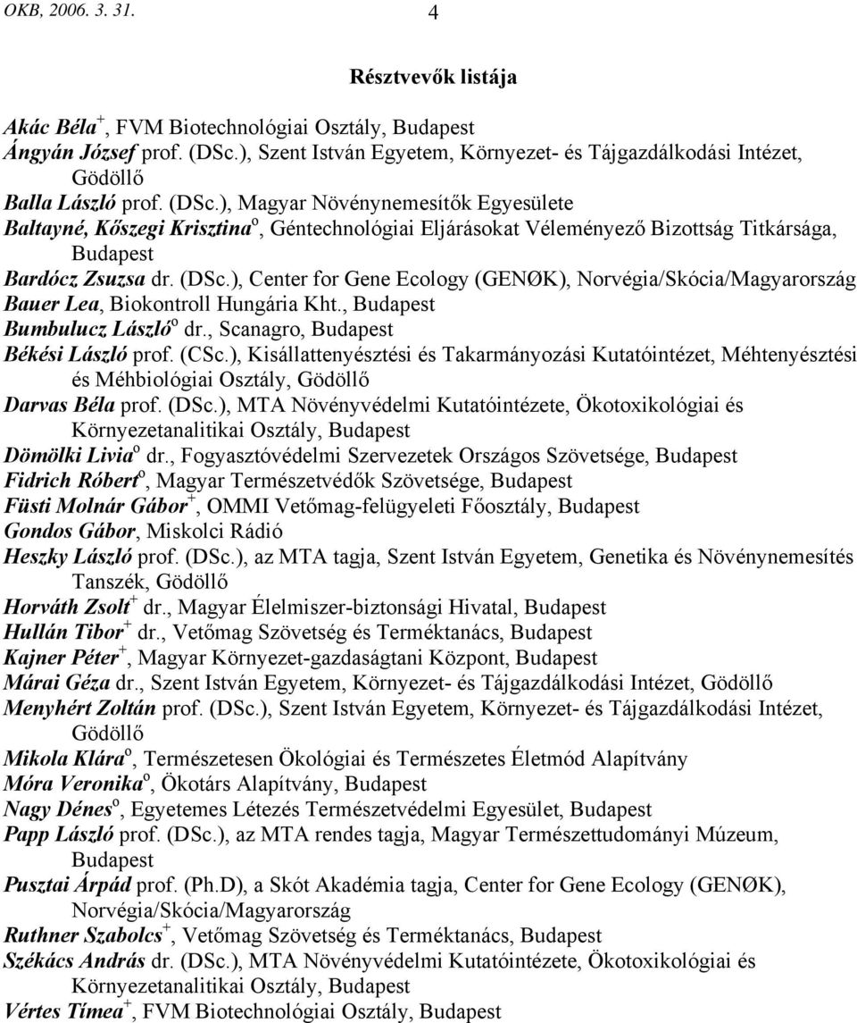 ), Magyar Növénynemesítők Egyesülete Baltayné, Kőszegi Krisztina o, Géntechnológiai Eljárásokat Véleményező Bizottság Titkársága, Budapest Bardócz Zsuzsa dr. (DSc.