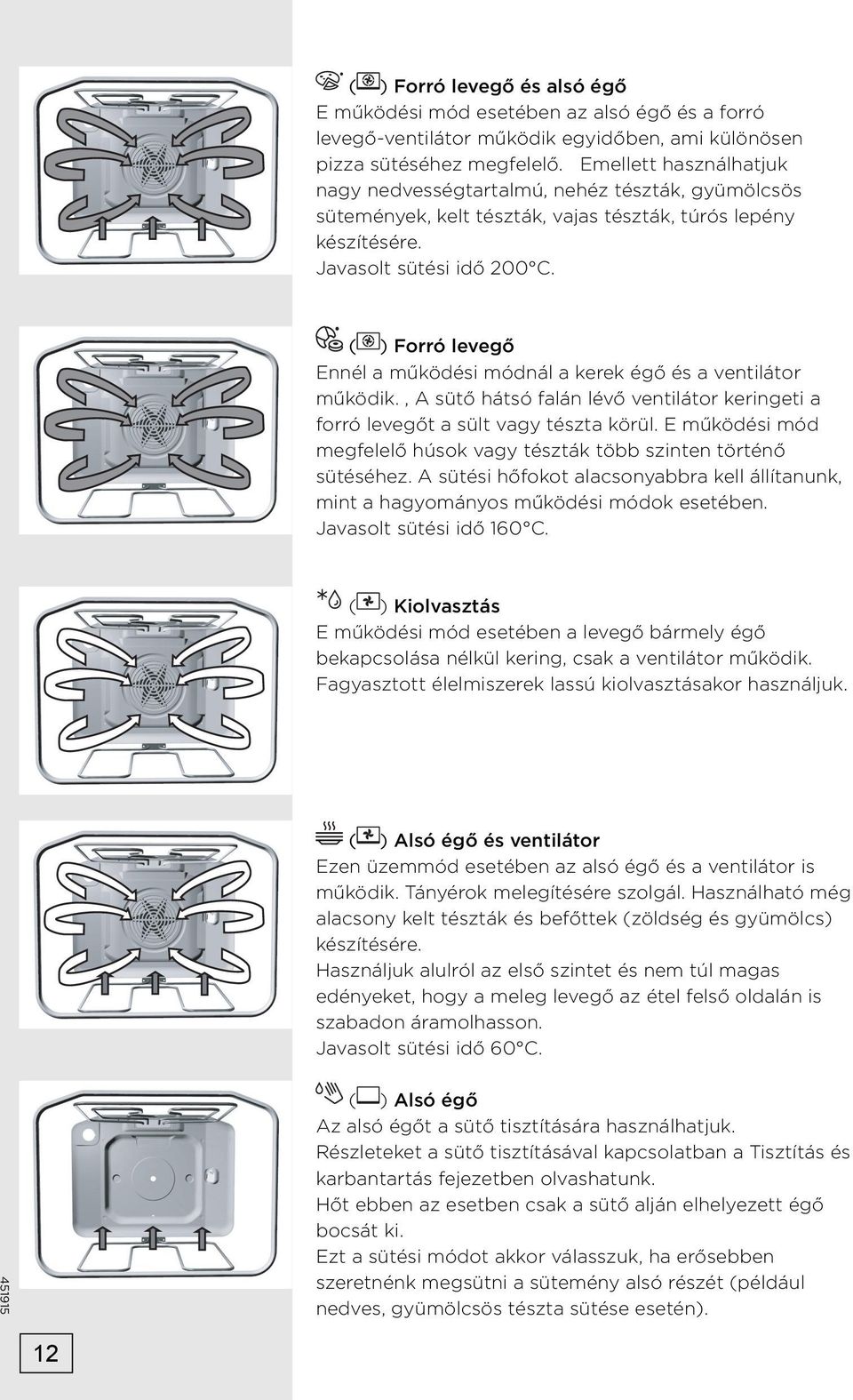 ( ) Forró levegő Ennél a működési módnál a kerek égő és a ventilátor működik., A sütő hátsó falán lévő ventilátor keringeti a forró levegőt a sült vagy tészta körül.