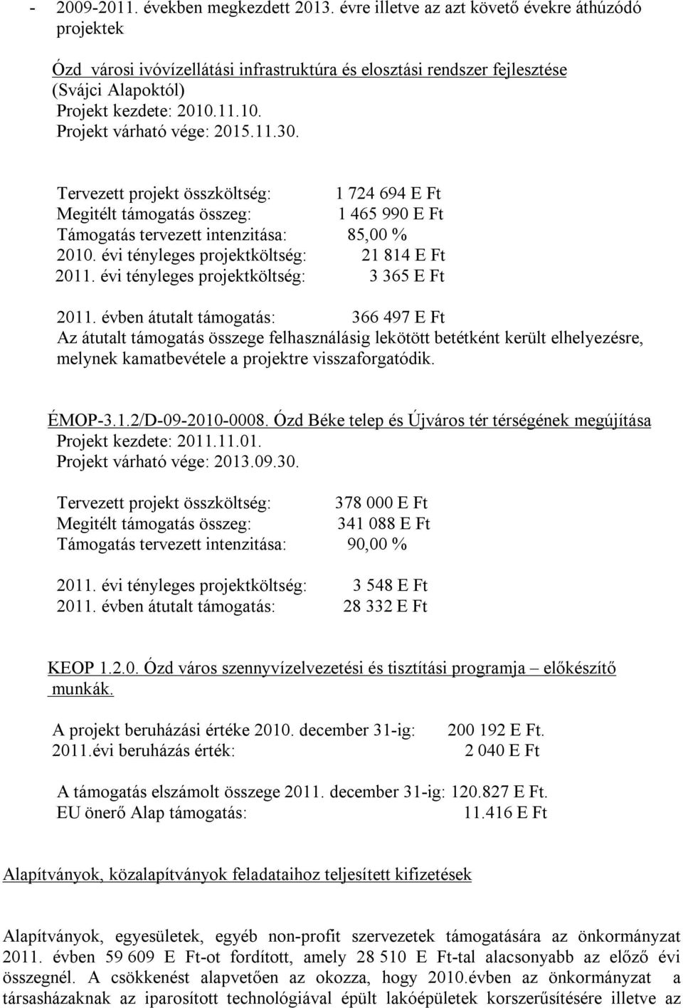 11.30. Tervezett projekt összköltség: 1 724 694 E Ft Megitélt támogatás összeg: 1 465 990 E Ft Támogatás tervezett intenzitása: 85,00 % 2010. évi tényleges projektköltség: 21 814 E Ft 2011.