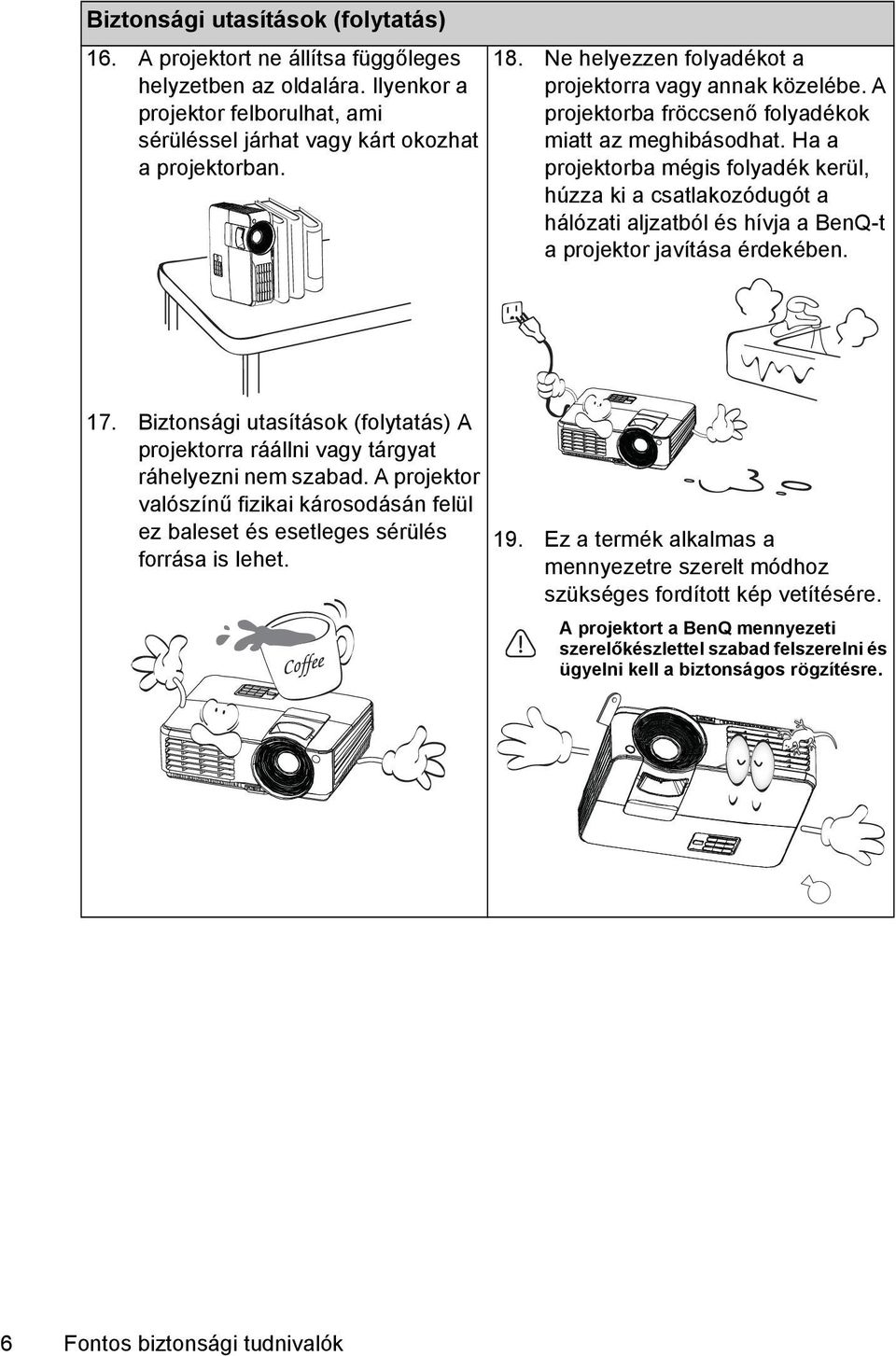 Ha a projektorba mégis folyadék kerül, húzza ki a csatlakozódugót a hálózati aljzatból és hívja a BenQ-t a projektor javítása érdekében. 17.