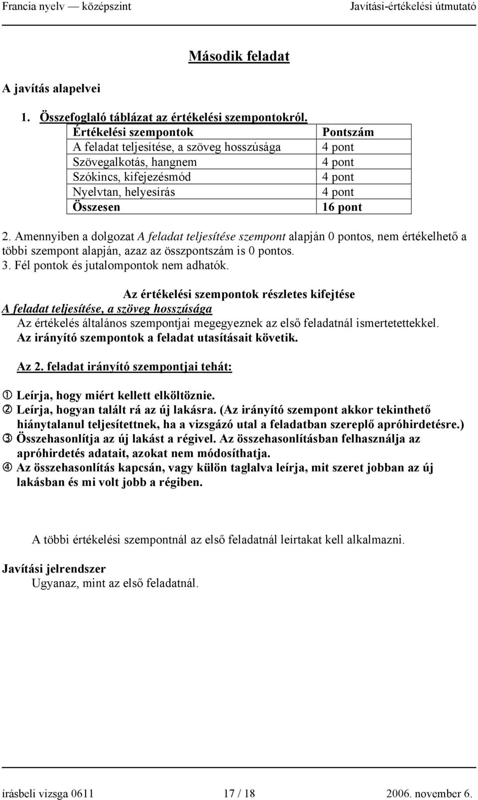 Amennyiben a dolgozat A feladat teljesítése szempont alapján 0 pontos, nem értékelhető a többi szempont alapján, azaz az összpontszám is 0 pontos. 3. Fél pontok és jutalompontok nem adhatók.