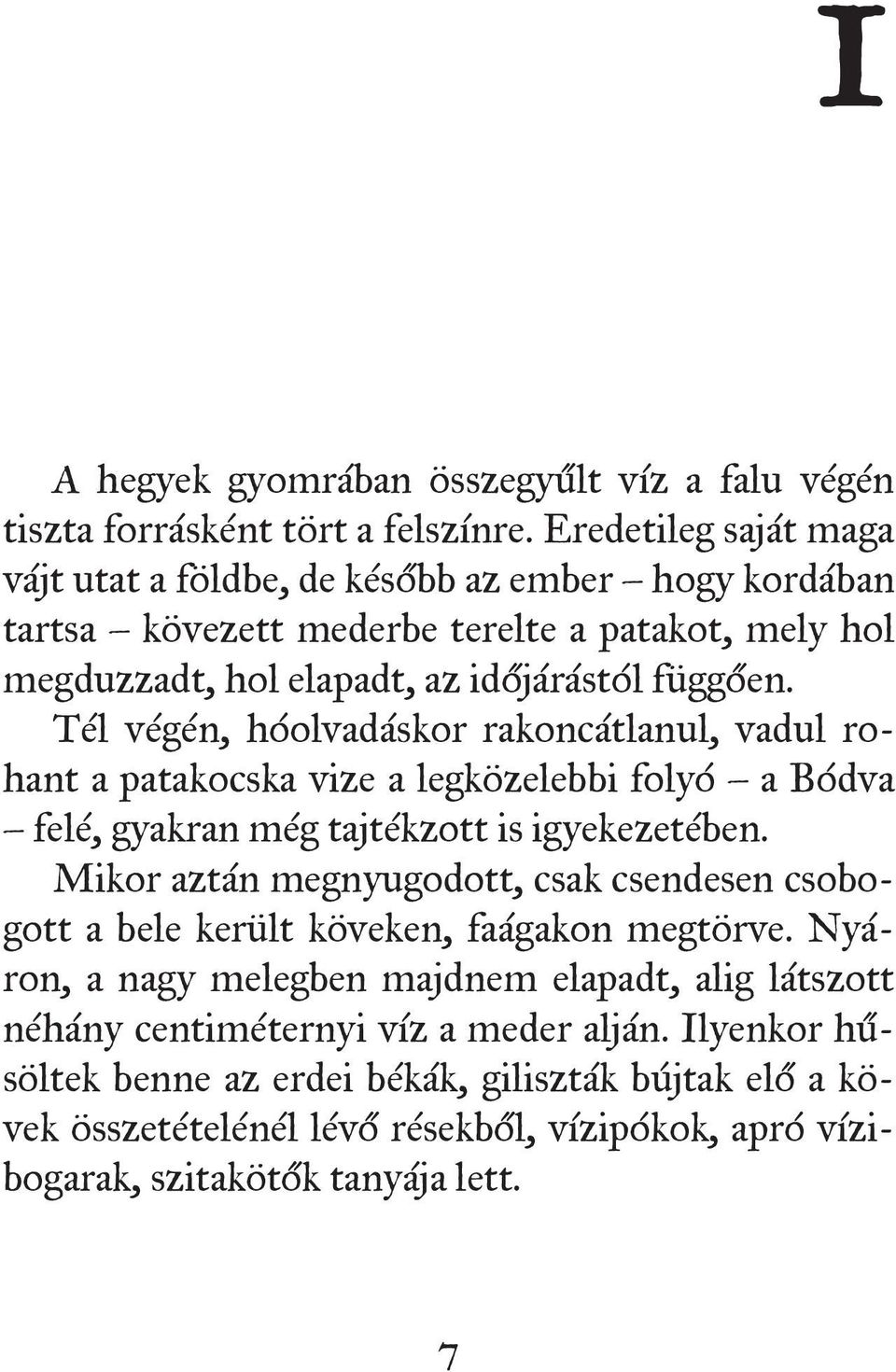 Tél végén, hóolvadáskor rakoncátlanul, vadul rohant a patakocska vize a legközelebbi folyó a Bódva felé, gyakran még tajtékzott is igyekezetében.