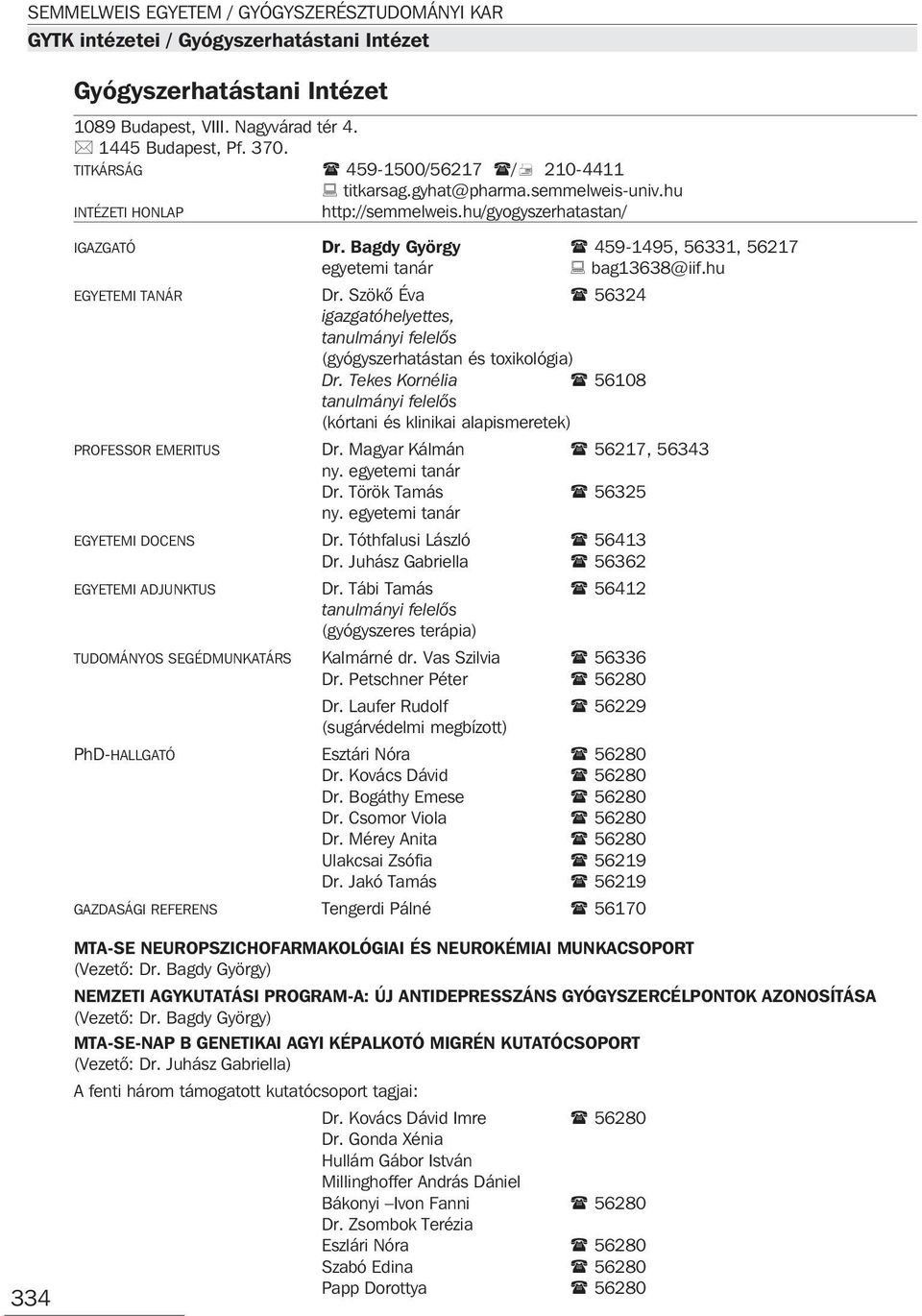 Szökõ Éva 56324 igazgatóhelyettes, tanulmányi felelõs (gyógyszerhatástan és toxikológia) Dr. Tekes Kornélia 56108 tanulmányi felelõs (kórtani és klinikai alapismeretek) PROFESSOR EMERITUS Dr.