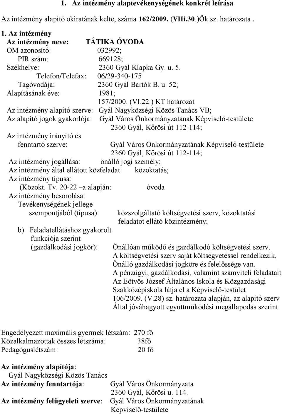 Telefon/Telefax: 06/29-340-175 Tagóvodája: 2360 Gyál Bartók B. u. 52; Alapításának éve: 1981; 157/2000. (VI.22.