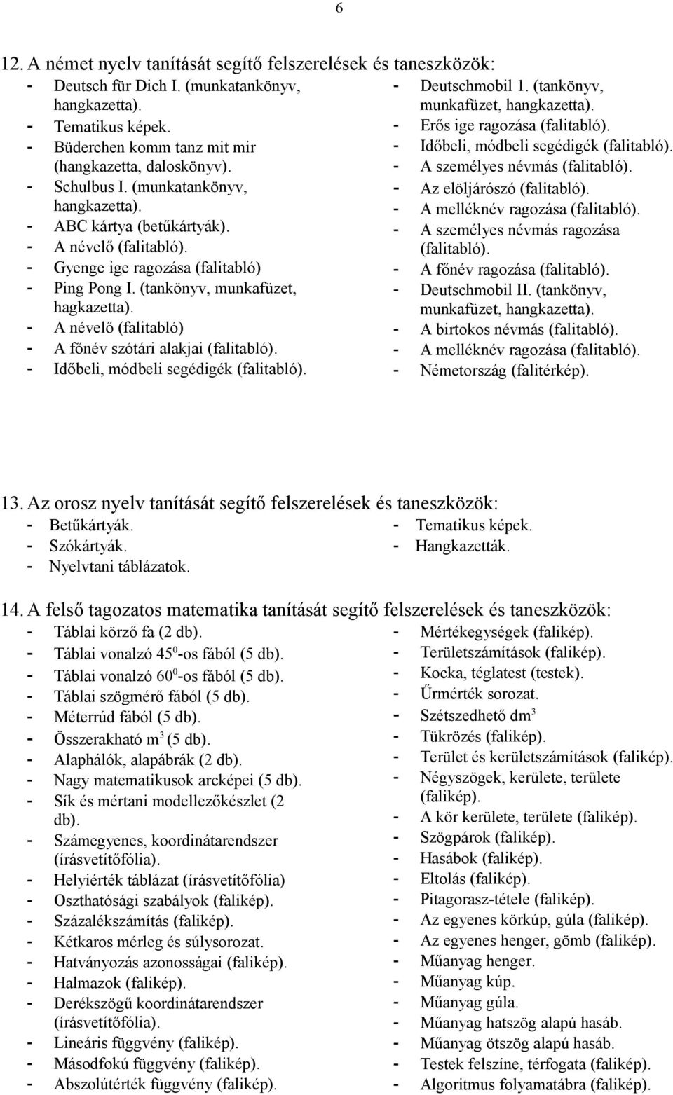 (munkatankönyv, - Az elöljárószó (falitabló). hangkazetta). - A melléknév ragozása (falitabló). - ABC kártya (betűkártyák). - A személyes névmás ragozása - A névelő (falitabló). (falitabló). - Gyenge ige ragozása (falitabló) - A főnév ragozása (falitabló).