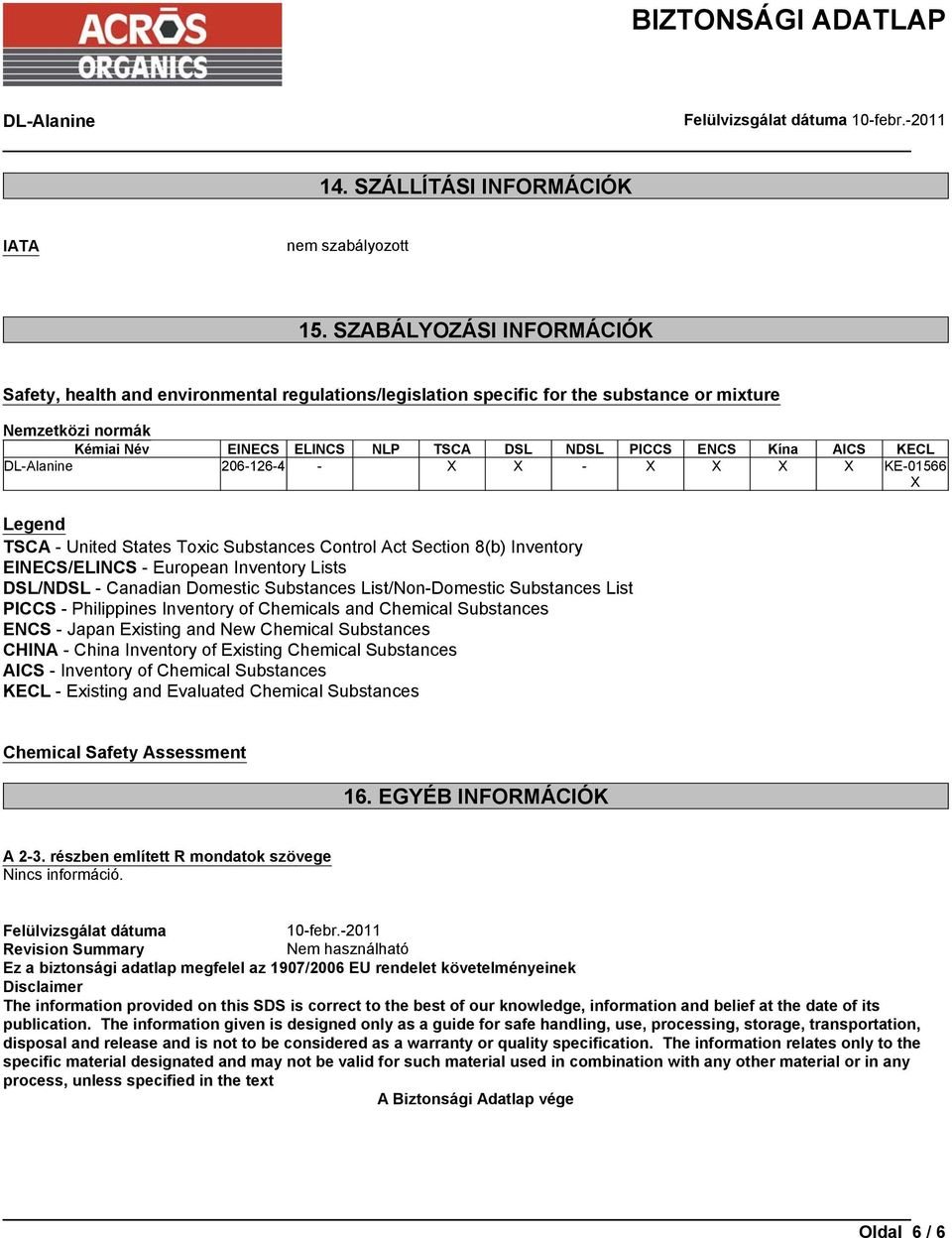 AICS KECL 206-126-4 - X X - X X X X KE-01566 X Legend TSCA - United States Toxic Substances Control Act Section 8(b) Inventory EINECS/ELINCS - European Inventory Lists DSL/NDSL - Canadian Domestic