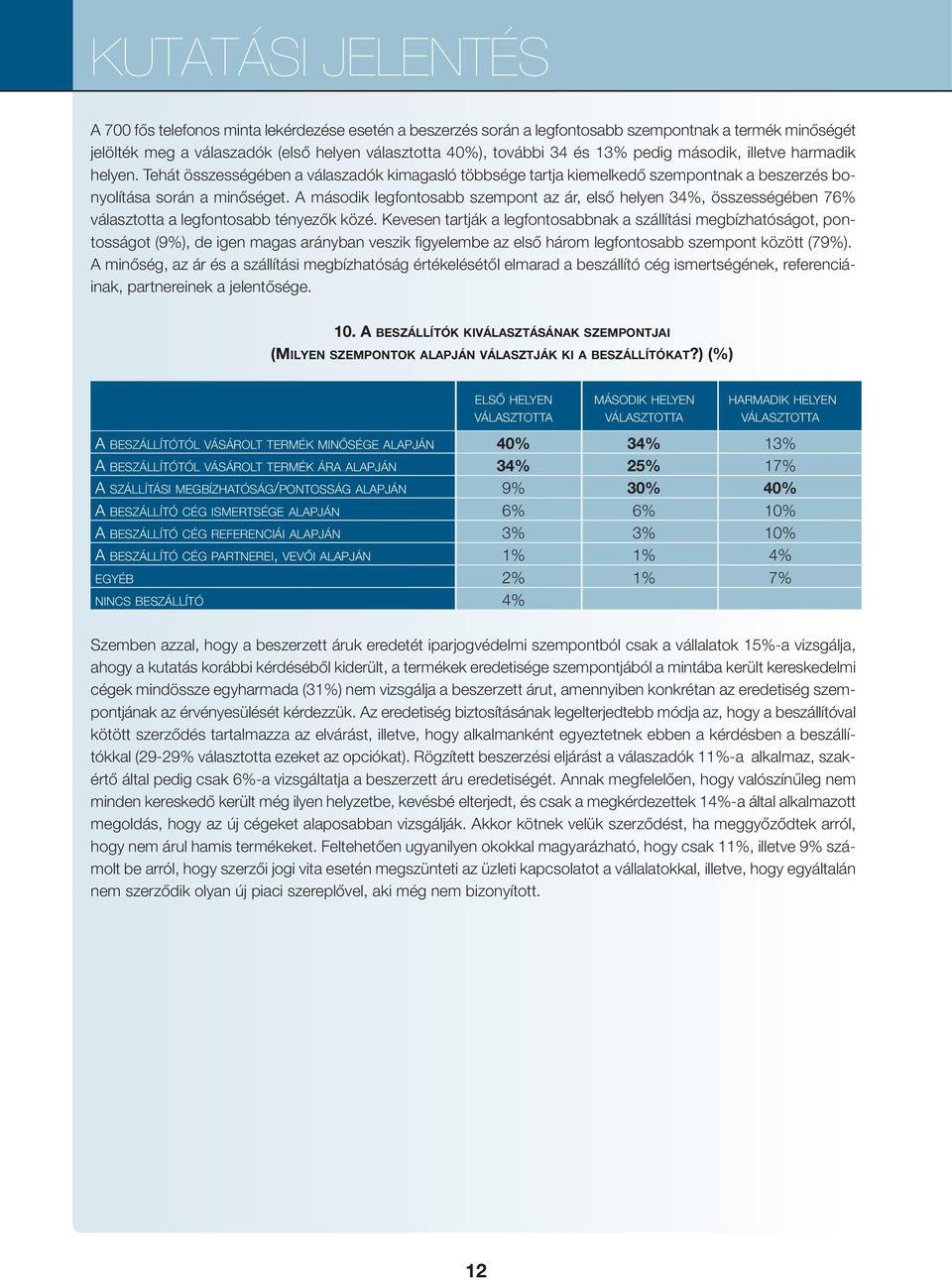 A második legfontosabb szempont az ár, első helyen 34%, összességében 76% választotta a legfontosabb tényezők közé.