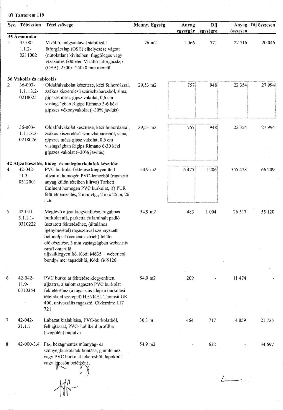 36-003- 1.1.1.3.2-0218025 Oldalfalvakolat készítése, kézi felhordással, zsákos kiszerelésű szárazhabarcsból, sima, gipszes mész-gipsz vakolat, 0,6 cm vastagságban Rigips Rimano 3-6 kézi gipszes